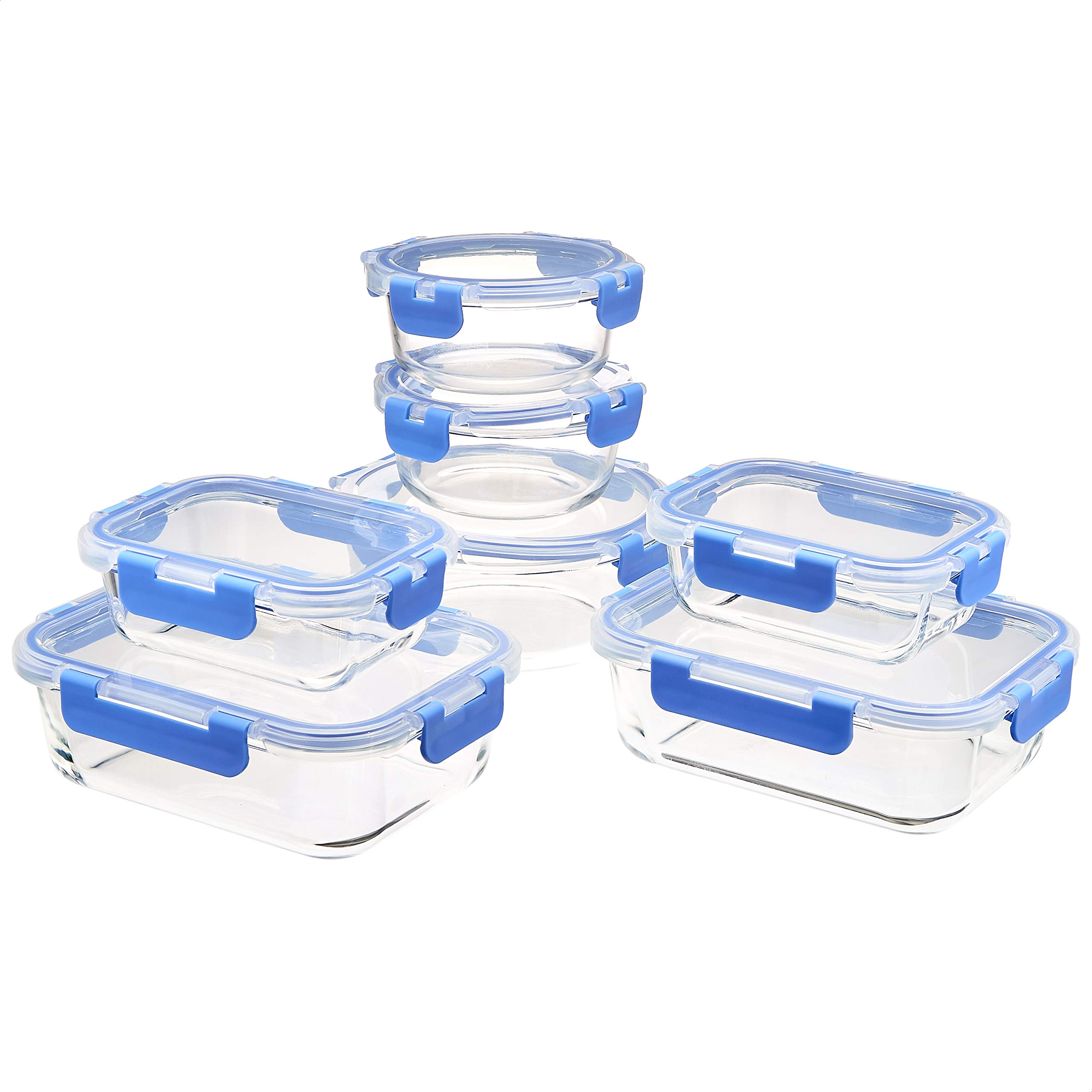 Amazon Basics 14-Piece Glass Food Storage Container Set with BPA-Free Locking Lids & Blue Silicone Rings - Airtight Meal Prep Containers for Kitchen, Office Lunch, Leftovers & Pantry Organization