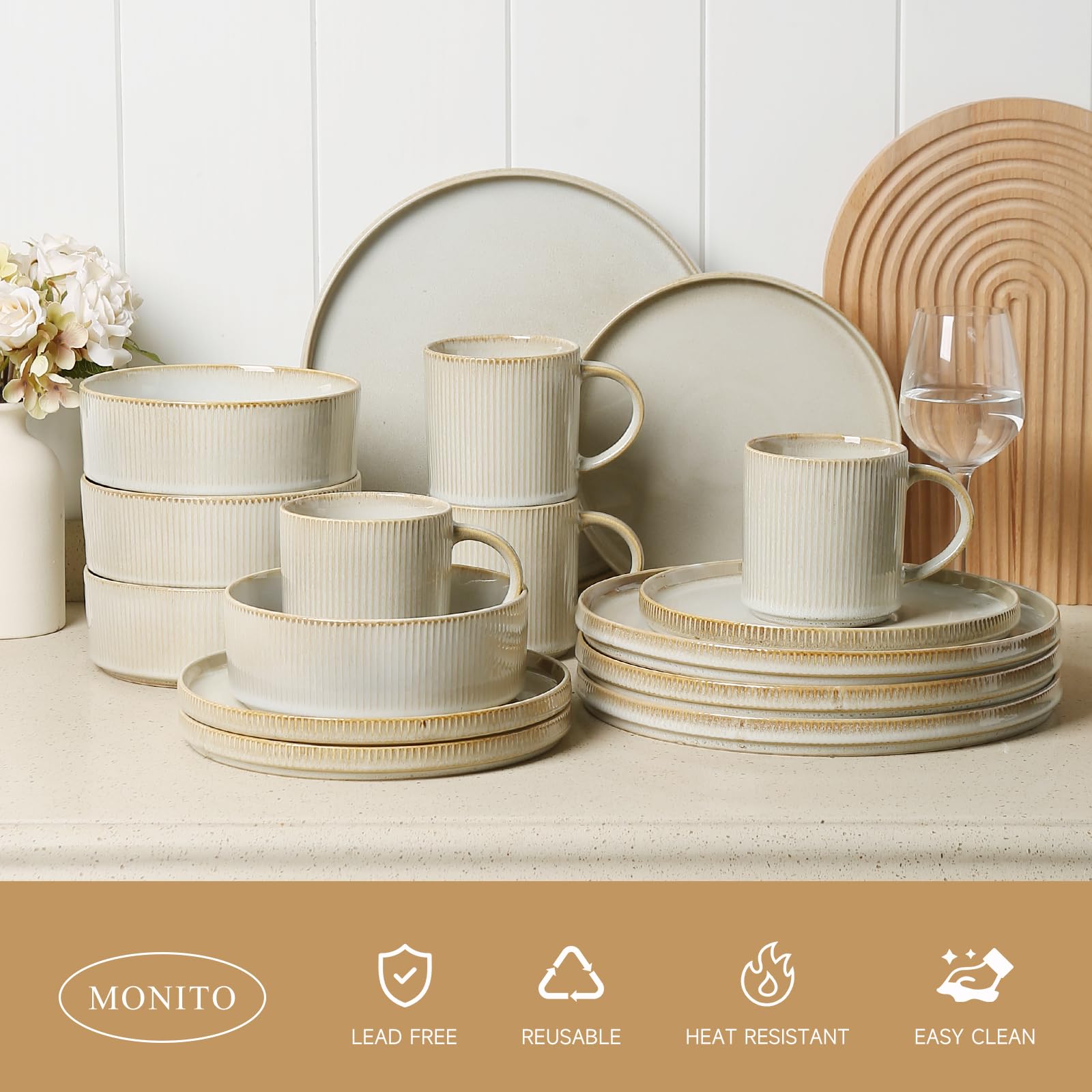 Premium 16-Piece MONITO Ceramic Dinnerware Set - Stoneware Plates & Bowls, Chip & Crack Resistant | Microwave & Dishwasher Safe | Elegant Bonbon Beige Color | Perfect for Family Dinners, Dinner Parties & Housewarming Gifts