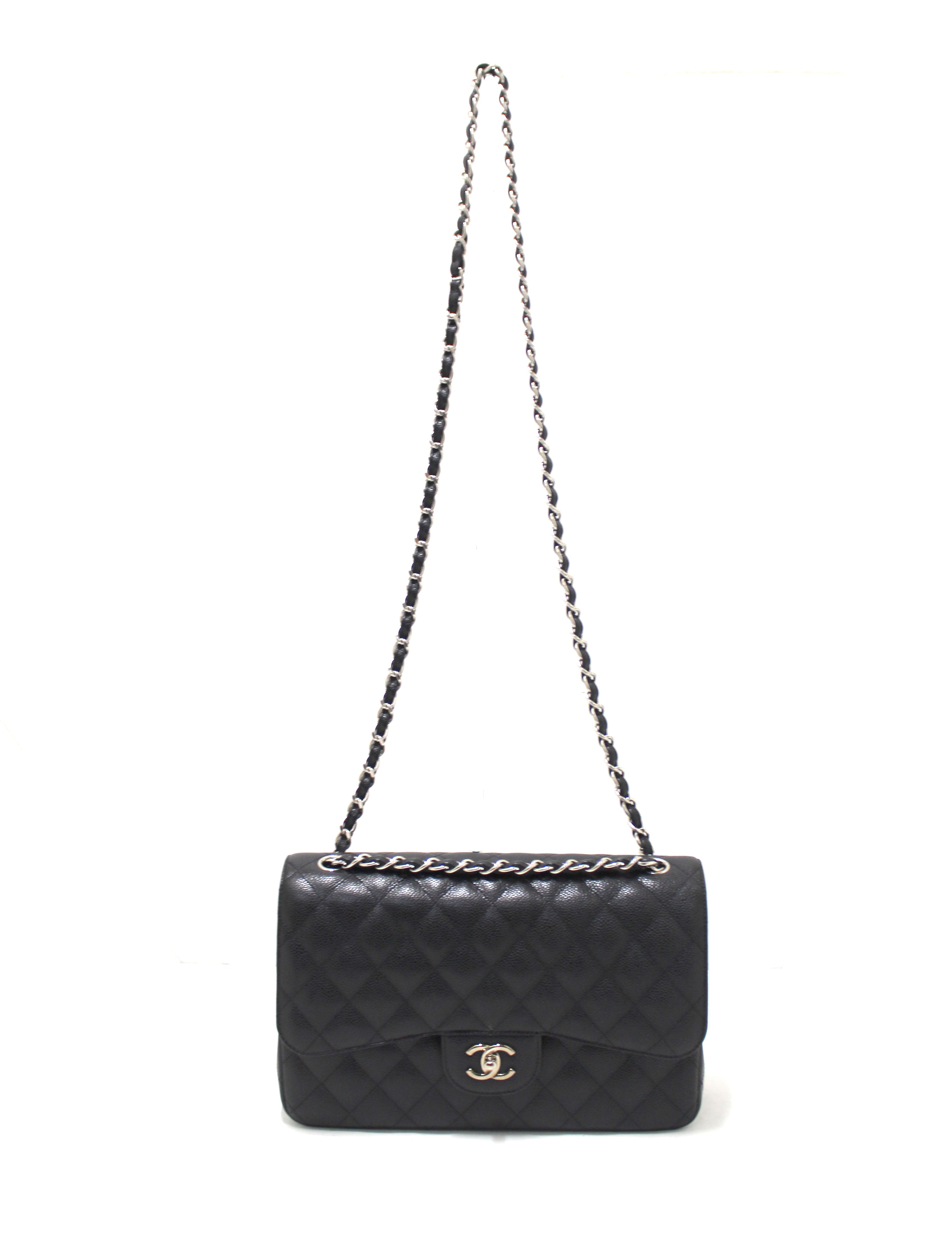 Authentic Chanel Black Quilted Caviar Leather Classic Jumbo Double Flap Bag - Luxury Designer Handbag for Women, Perfect for Parties, Work & Special Occasions