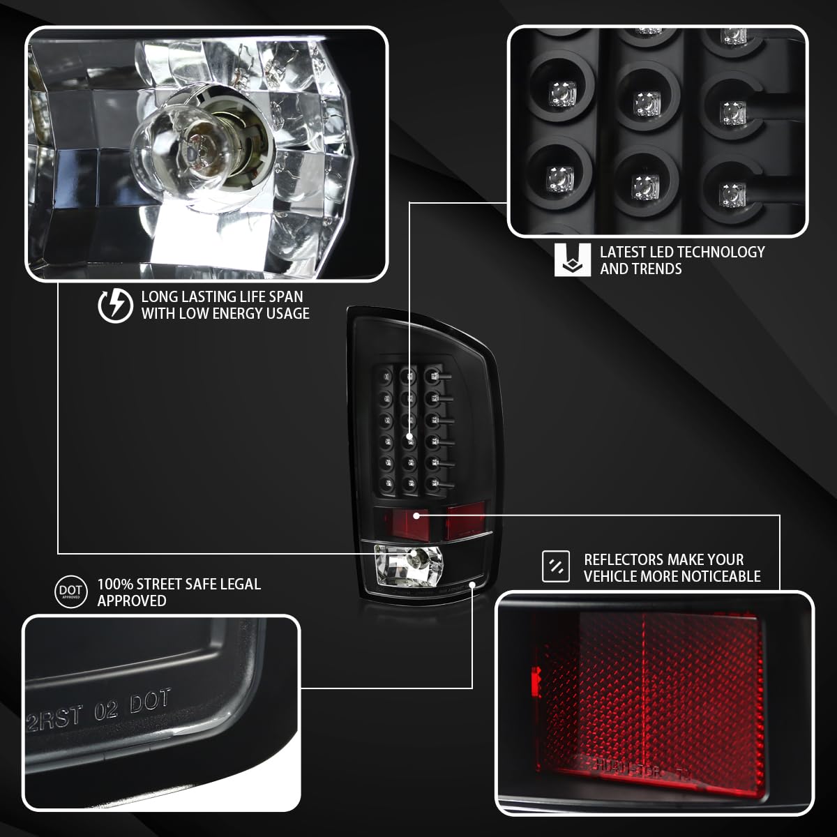 AUTOZENSATION 2002-2005 Dodge Ram Headlights & Tail Lights Kit - Black Halo LED Projector Headlamps Assembly Pair + LED Tail Lights - Perfect for Off-Roading, Night Driving & Truck Customization