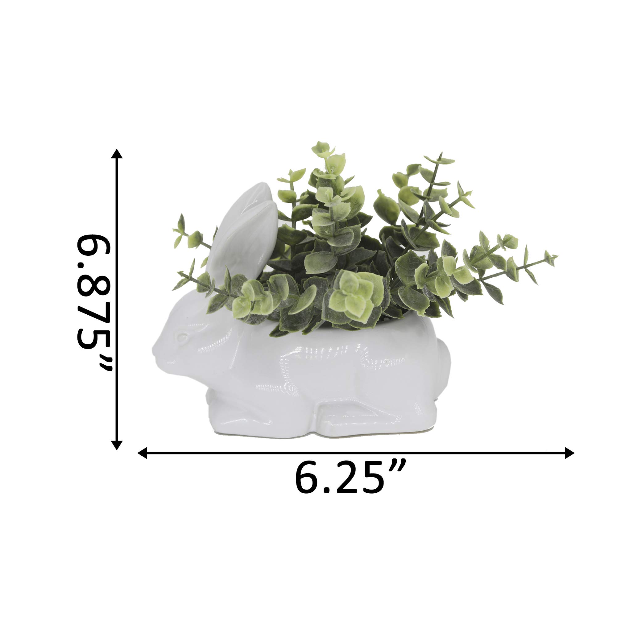 Flora Bunda Ceramic Bunny Rabbit with Artificial Eucalyptus - Cute Home Decor for Living Room, Kitchen, Office & Spring Easter Table Centerpiece