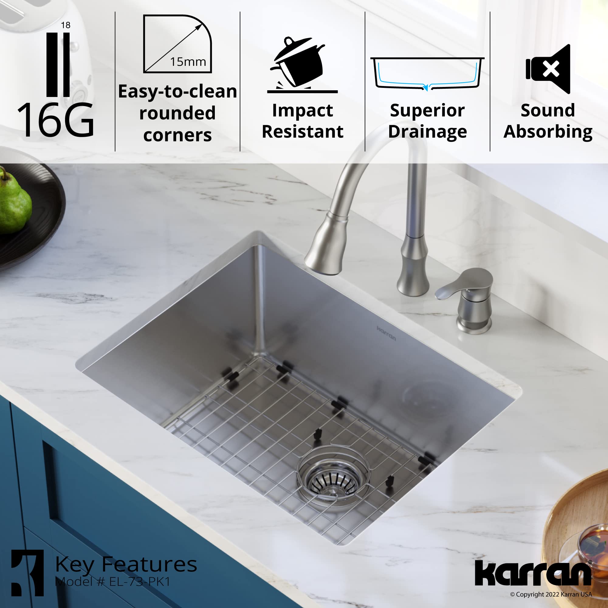 Karran EL-73-PK1 23-Inch Undermount Single Bowl Stainless Steel Kitchen Sink Kit - Perfect for Modern Home Kitchens & Restaurant Prep Stations