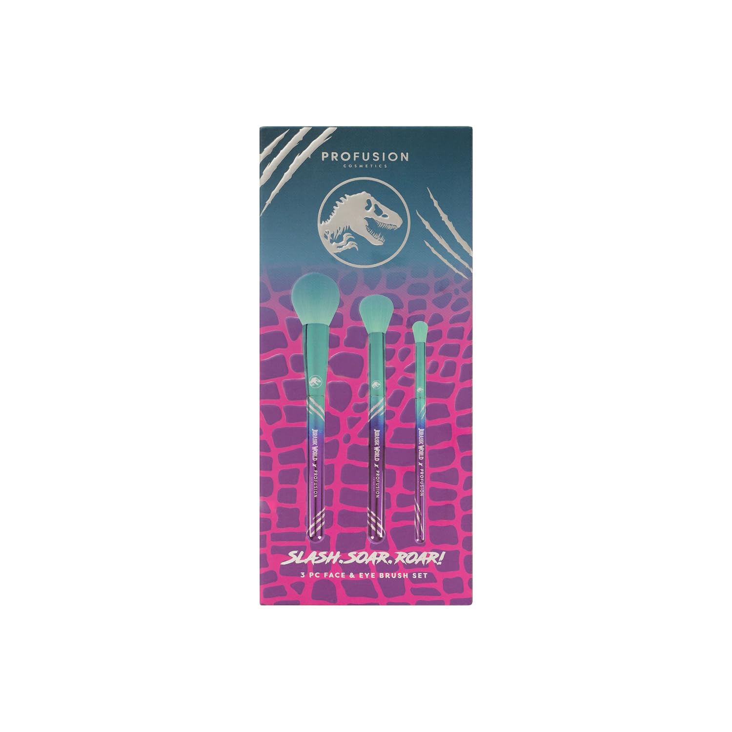 Profusion Cosmetics Jurassic Makeup Collection - 3 Piece Face & Eye Brush Set for Flawless Makeup Application | Perfect for Daily Use, Travel & Professional Makeup Artists