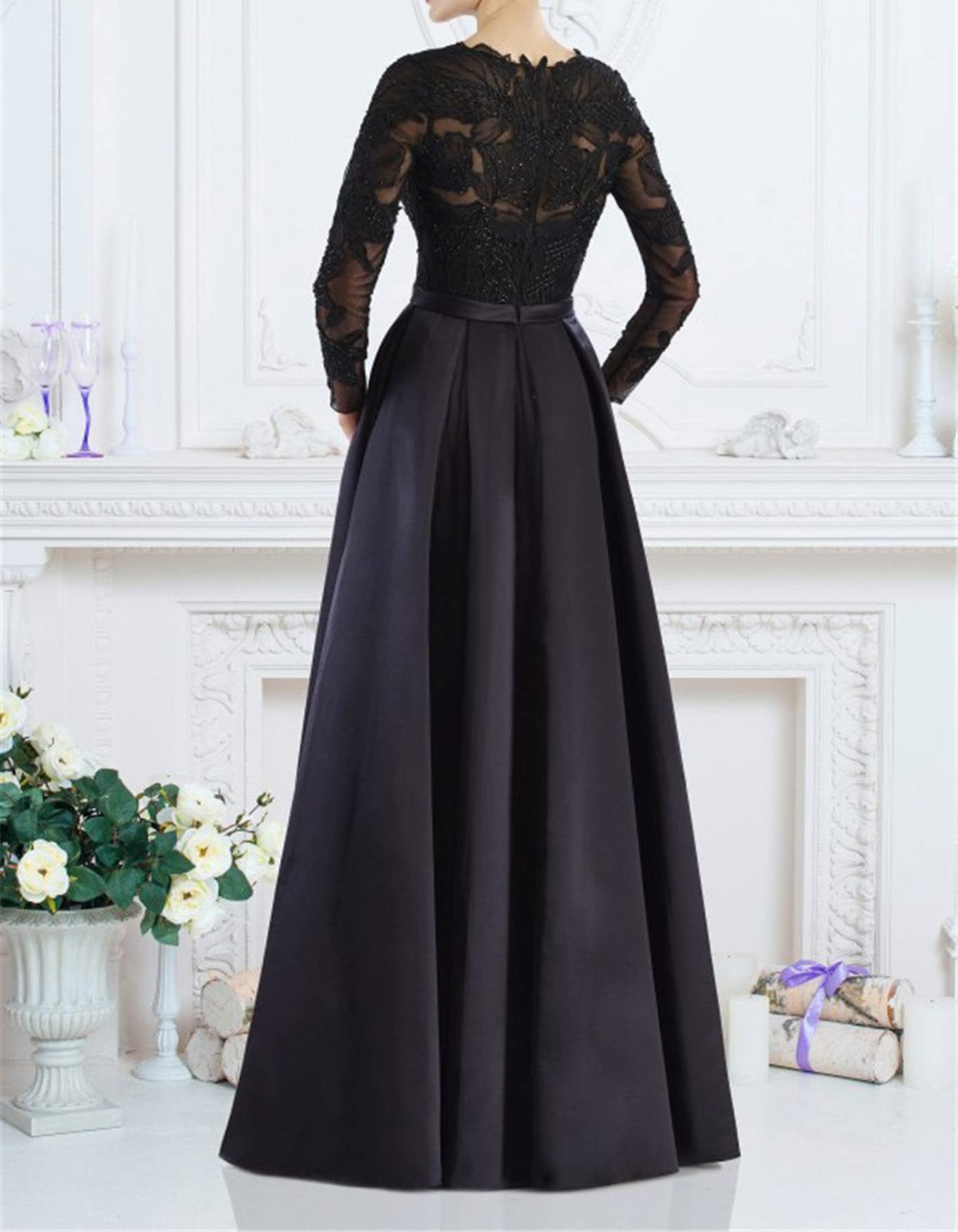 Elegant Black Lace Long Sleeve Round Neck Evening Dress for Women - Perfect for Formal Events, Parties & Special Occasions