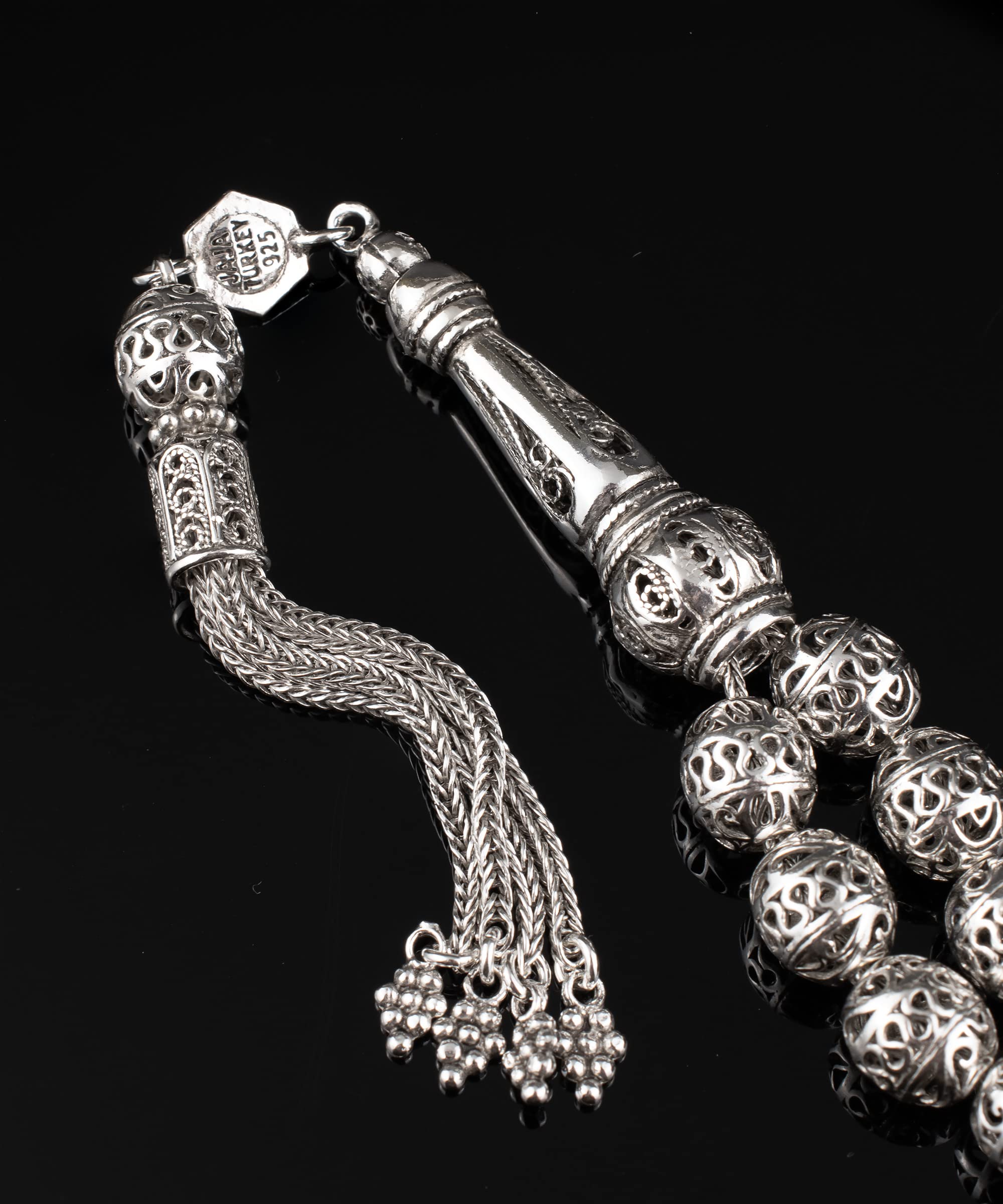 925 Sterling Silver Filigree Art Oval Beads Tasbeeh - 33 Piece Islamic Prayer Beads, Misbaha Tasbih for Meditation, Stress Relief & Spiritual Practice - Elegant Rosary for Muslim, Christian & Buddhist Use