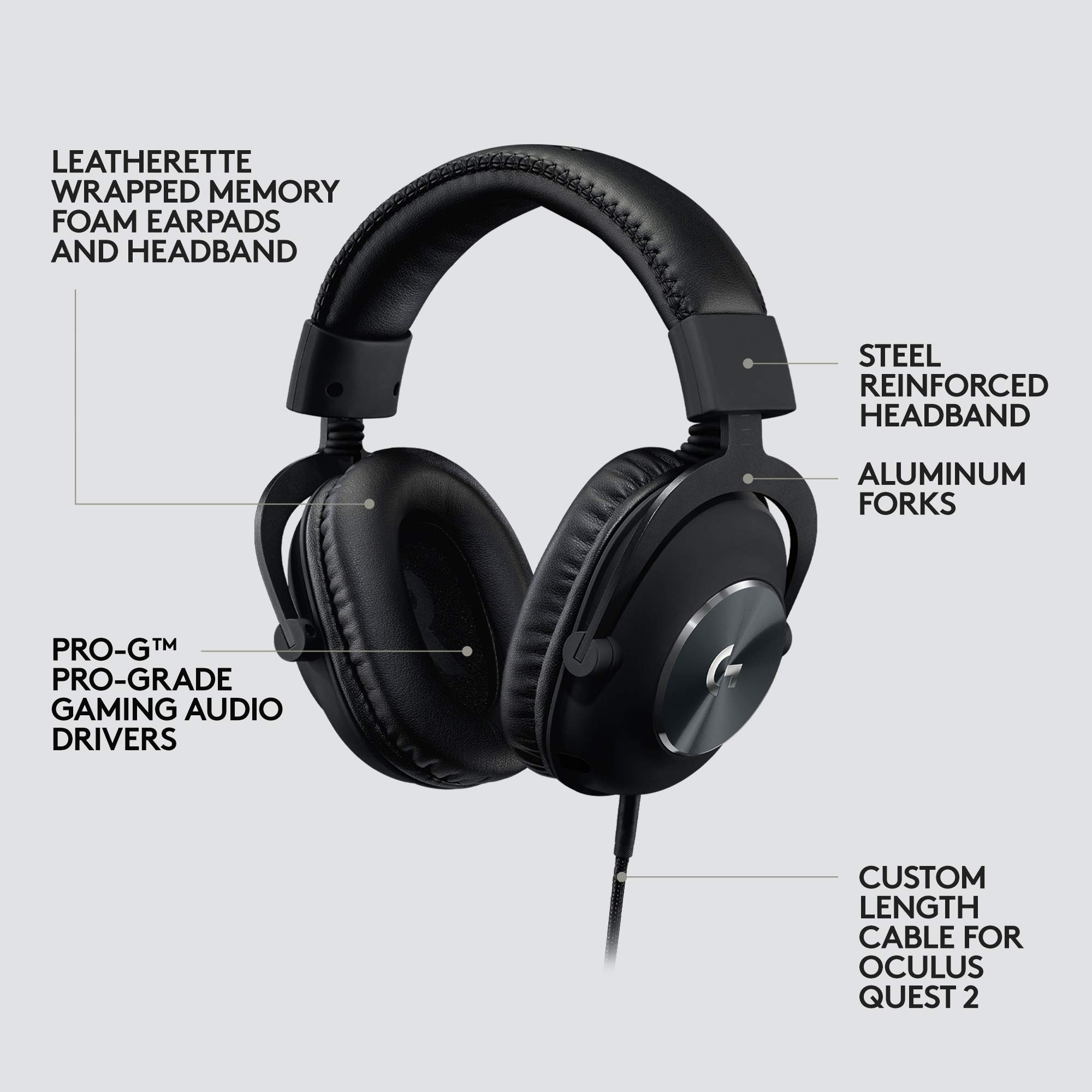 Logitech G PRO Gaming Headset for Oculus Quest 2 - Oculus Ready Wired Headphones with PRO-G Audio Drivers | Custom-Length Cable | Steel & Aluminum Build | Low-Latency 3.5mm AUX | Perfect for VR Gaming, PC Gaming & Esports Tournaments