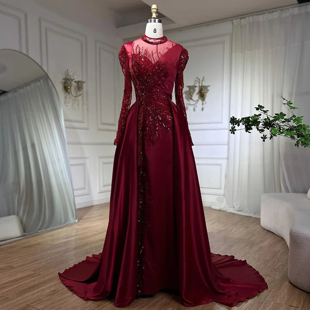 Serene Hill Wine Red Mermaid Luxury Lace Beaded Satin Evening Dress - Dubai Formal Gown for Women 2025 | Wedding, Party, Prom, Gala & Special Occasion Wear | LA72202
