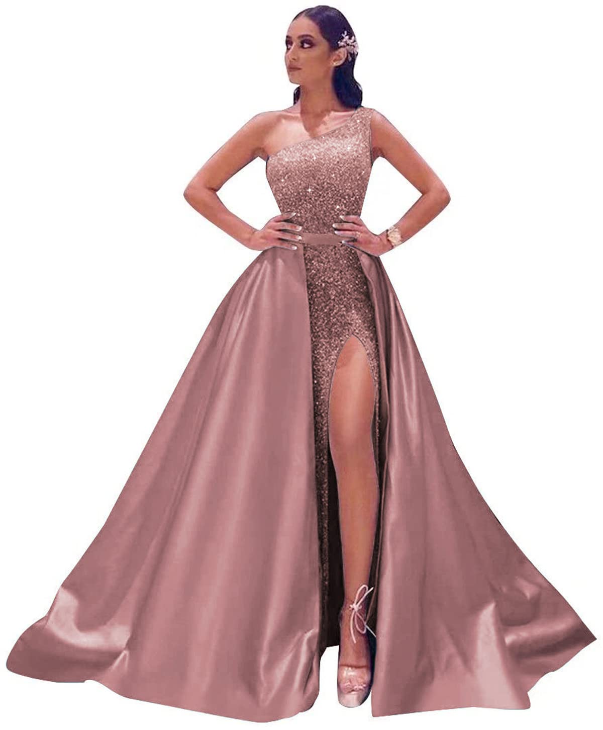 Dymaisei Women's One Shoulder Prom Dresses 2022 | Sparkly Sequins Evening Gown with High Slit | Perfect for Homecoming, Formal Dances & Special Occasions