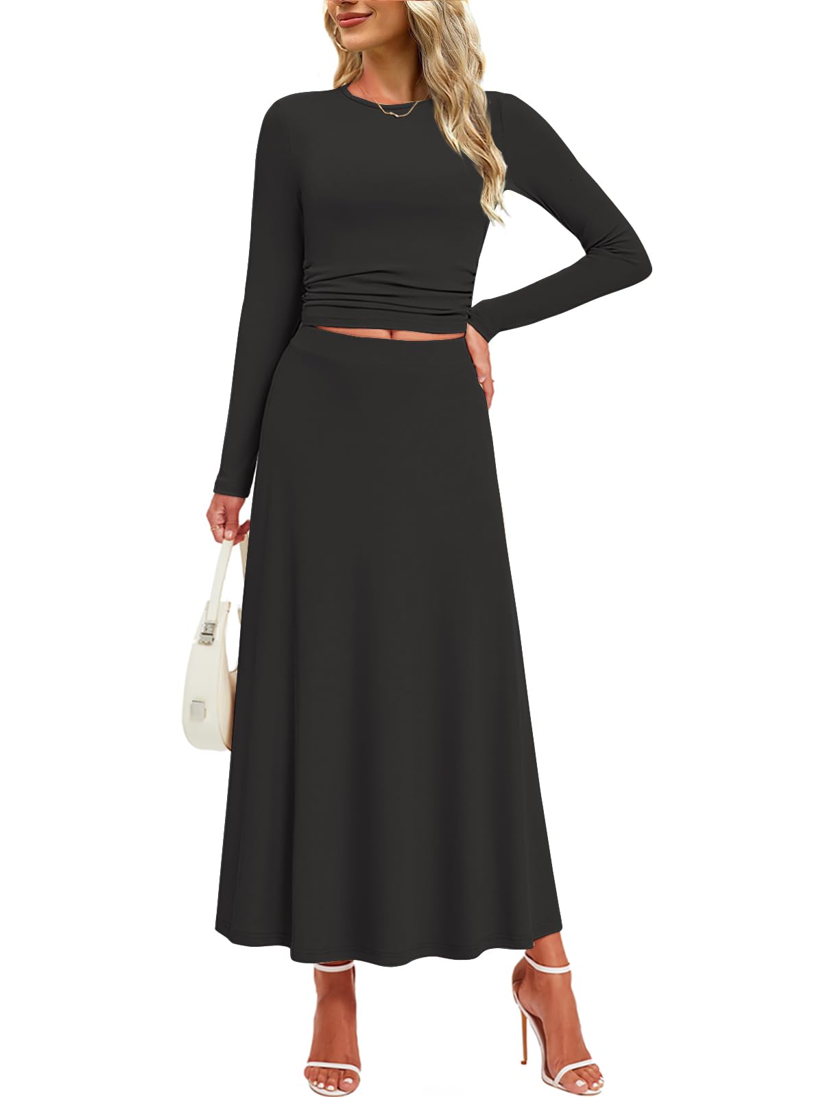 Women's 2 Piece Outfits - Ribbed Knit Two Piece Skirt Set with Long Sleeve Ruched Crop Top & Flowy Maxi Skirt | Perfect for Casual Wear, Date Nights & Summer Vacations