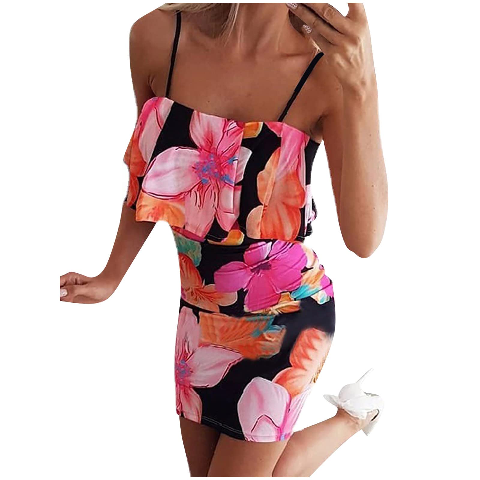 BONIXOOM Women's Sexy Sling Dress - Floral Print Bodycon Summer Dress, Sleeveless Tank with Ruffles for Nightclub, Party, Date Night & Vacation