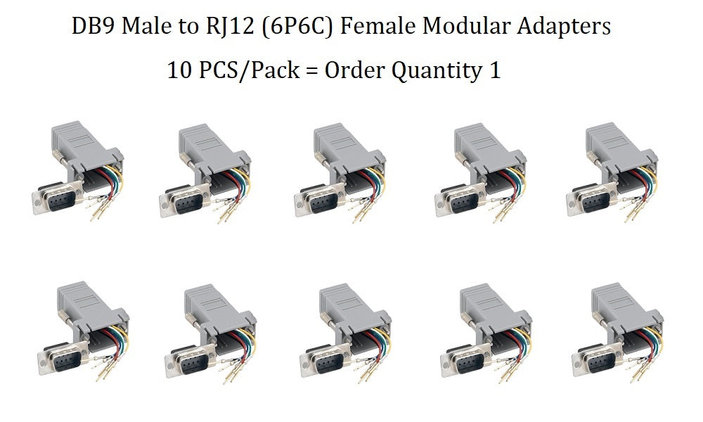 10-Pack DB9 Male to RJ12 (6P6C) Female Modular Adapter - Gray | Serial Port to Telephone Line Converter for Networking, POS Systems & Industrial Equipment