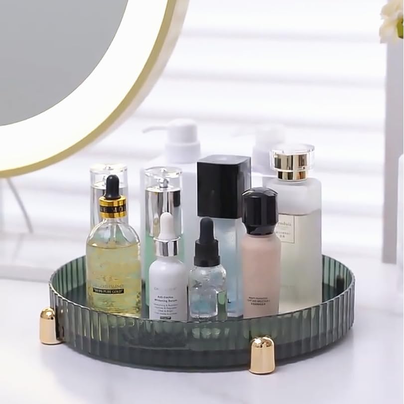 360° Rotating Makeup Organizer - Dark Green Vanity Tray for Bathroom & Dresser