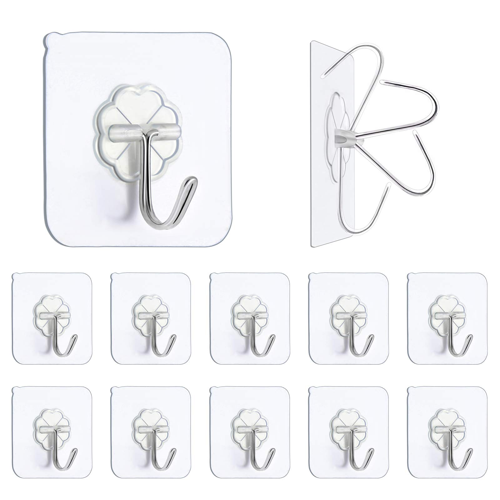 Premium Adhesive Hooks - Heavy Duty 13lb Max Transparent Reusable Wall Hooks with Stainless Steel for Kitchen, Bathroom, Office & Window - 10 Pack - Perfect for Hanging Towels, Utensils, Decor & Organizing Small Items