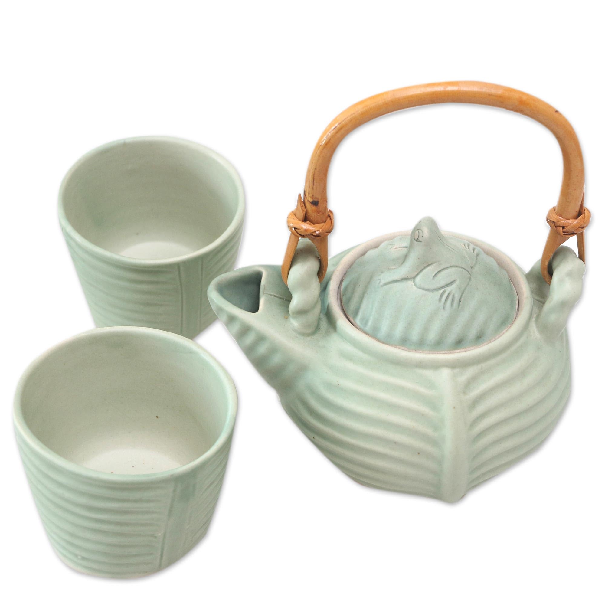 NOVICA Handcrafted Green Leaf & Tree Ceramic Tea Set - 6 Oz Banana Frog Design (Set of 2) - Perfect for Afternoon Tea, Gifts & Home Decor