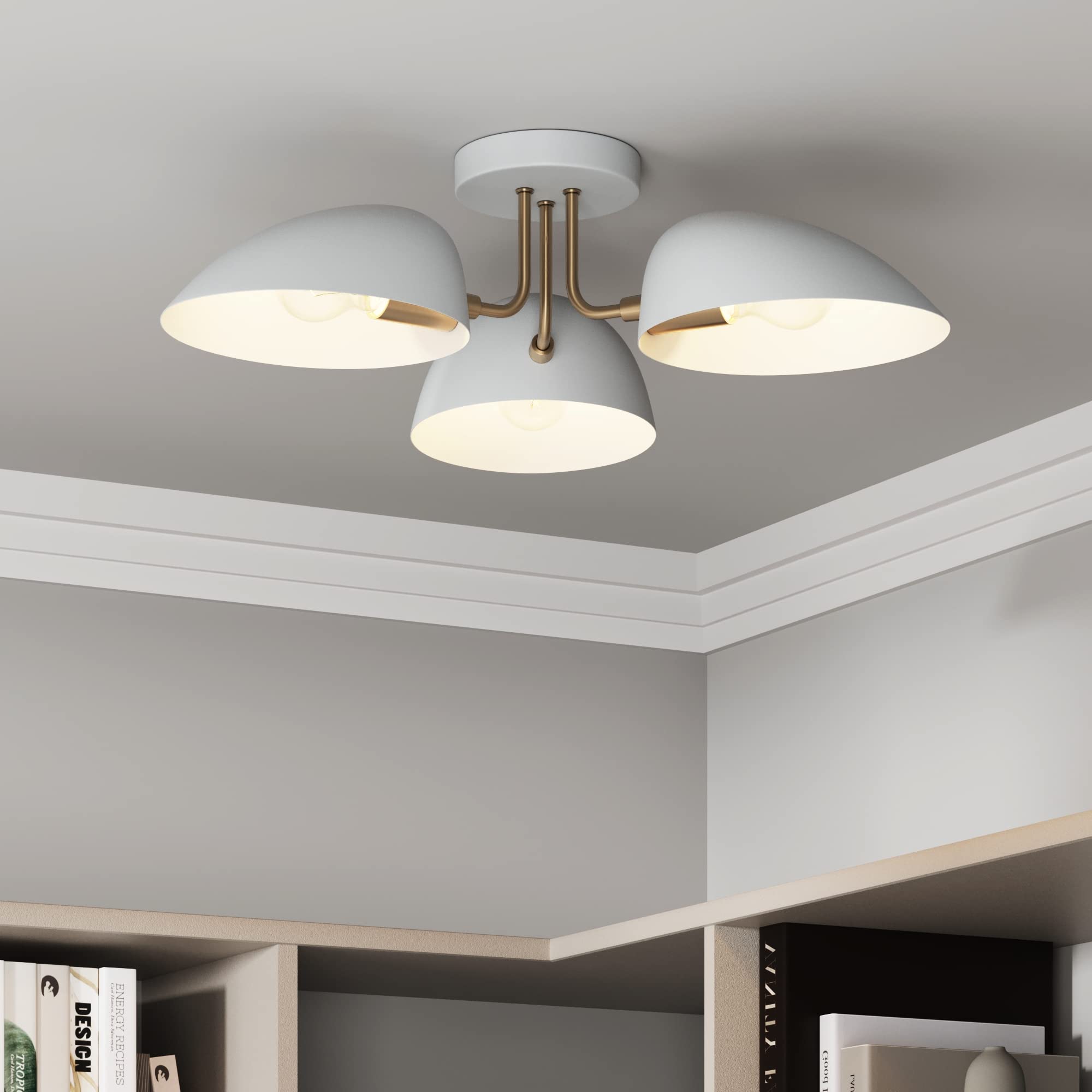 Nathan James Argo 3-Light Semi Flush Mount Ceiling Light - Modern Retro Gold Brass & White Round Shade Fixture for Hallway, Dining Room, Bedroom, Living Room | Energy Efficient LED Compatible Lighting for Home Decor