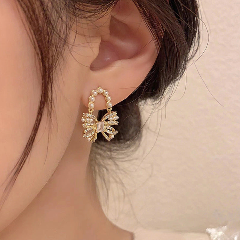 Sweet Pearl Bow Ribbon Drop Earrings for Women - Elegant Dangle Jewelry Gift for Brides, Prom, Party & Special Occasions | A7908
