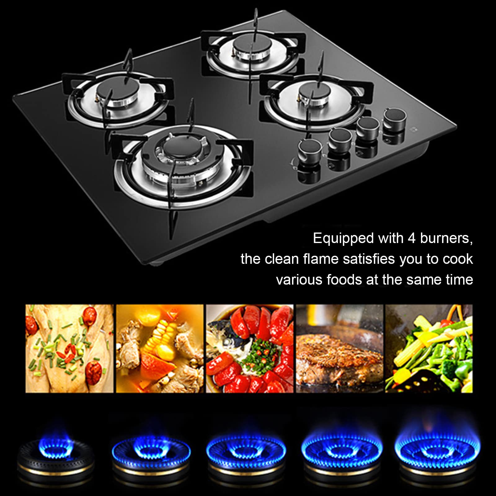 24 Inch 4 Burner Built-in Gas Cooktop - Dual Fuel LPG/NG - Tempered Glass Surface - Easy Clean Kitchen Stove for Home Cooking, Grilling & Meal Prep