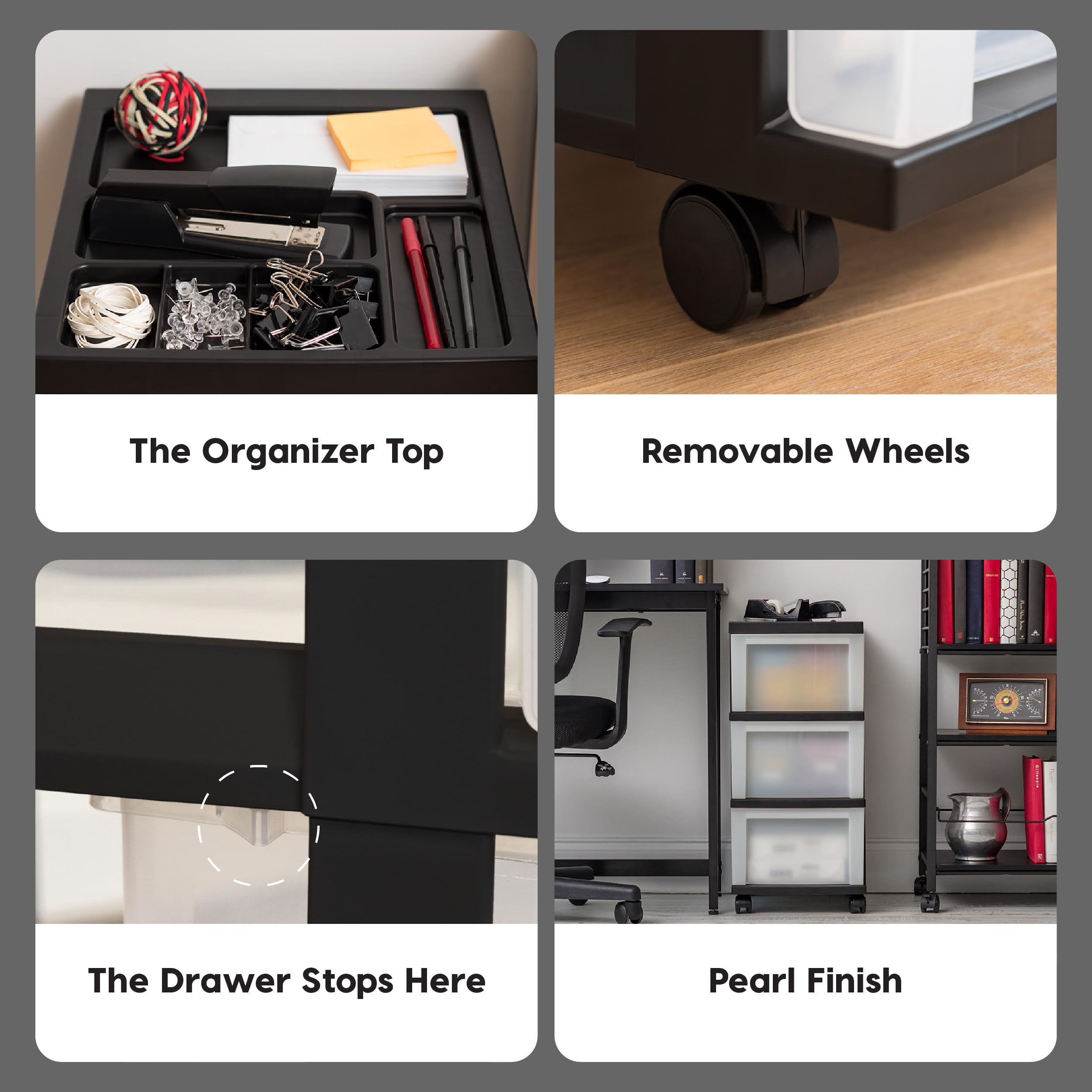 IRIS USA 3-Drawer Plastic Storage Cart with Wheels - Organizer for Classroom, Craft Supplies, Bathroom, Dorm & Laundry Room - Black/Pearl - Perfect for Home, Office & School Organization