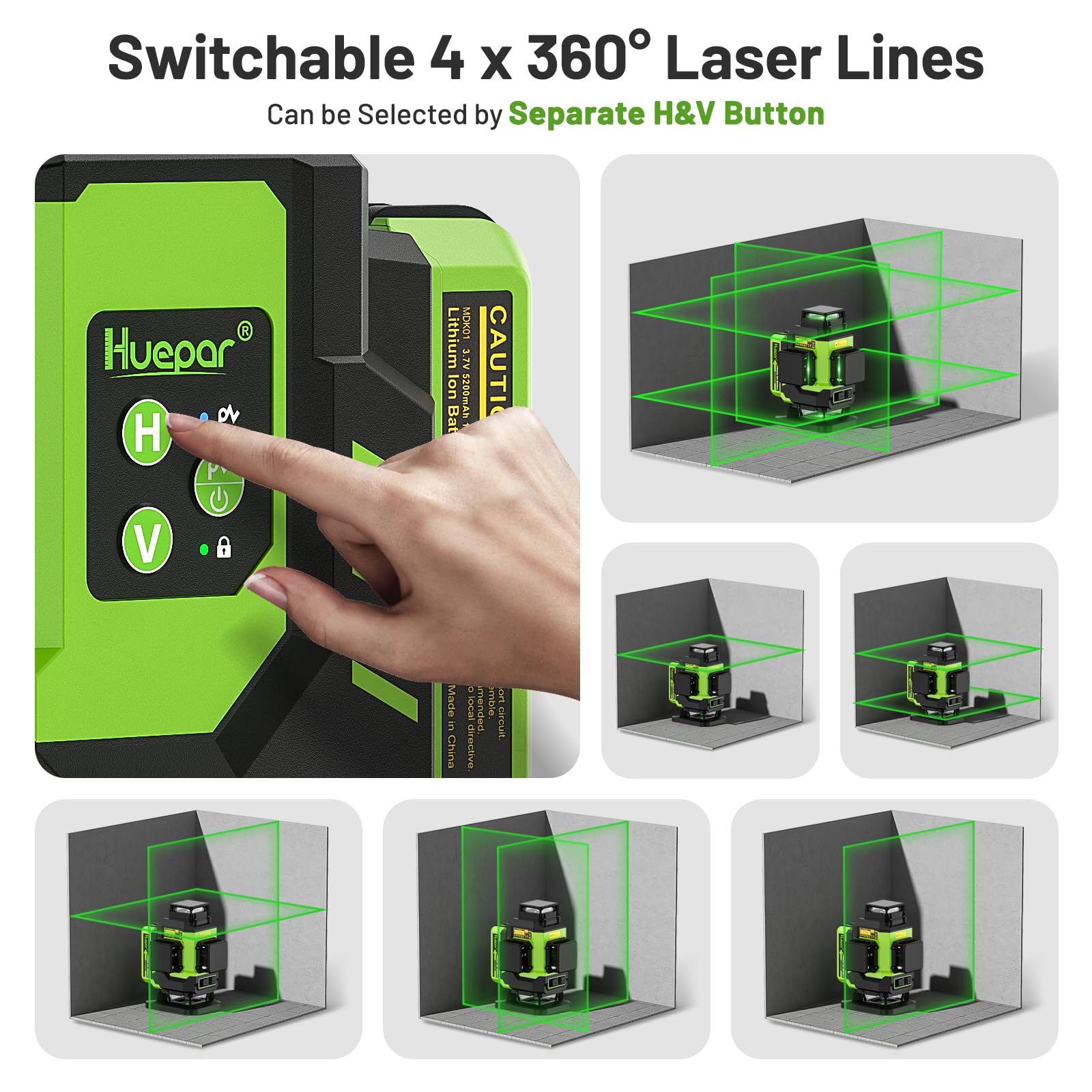 Huepar 4D Self-Leveling Green Beam Laser Level - 16 Lines Cross Line Tiling Tool with 2x360° Horizontal & Vertical Lasers, 2 Li-ion Batteries & Hard Case - Perfect for Flooring, Construction, and DIY Projects - LS04CG