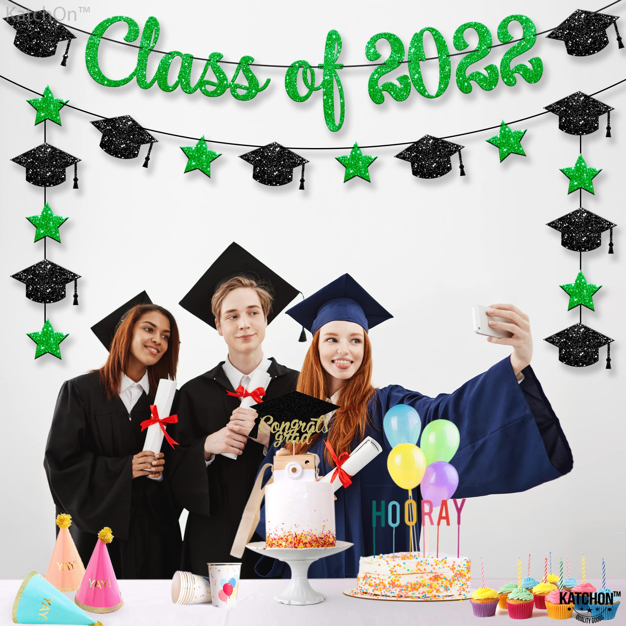 Class of 2022 Graduation Banner - 10ft Green Glitter Banner with Cap Garland | No DIY Graduation Party Decorations | Green & Black Graduation Decor for High School & College Graduation Ceremony | Perfect for Graduation Party Backdrop, Photo Booth & Wall Decor