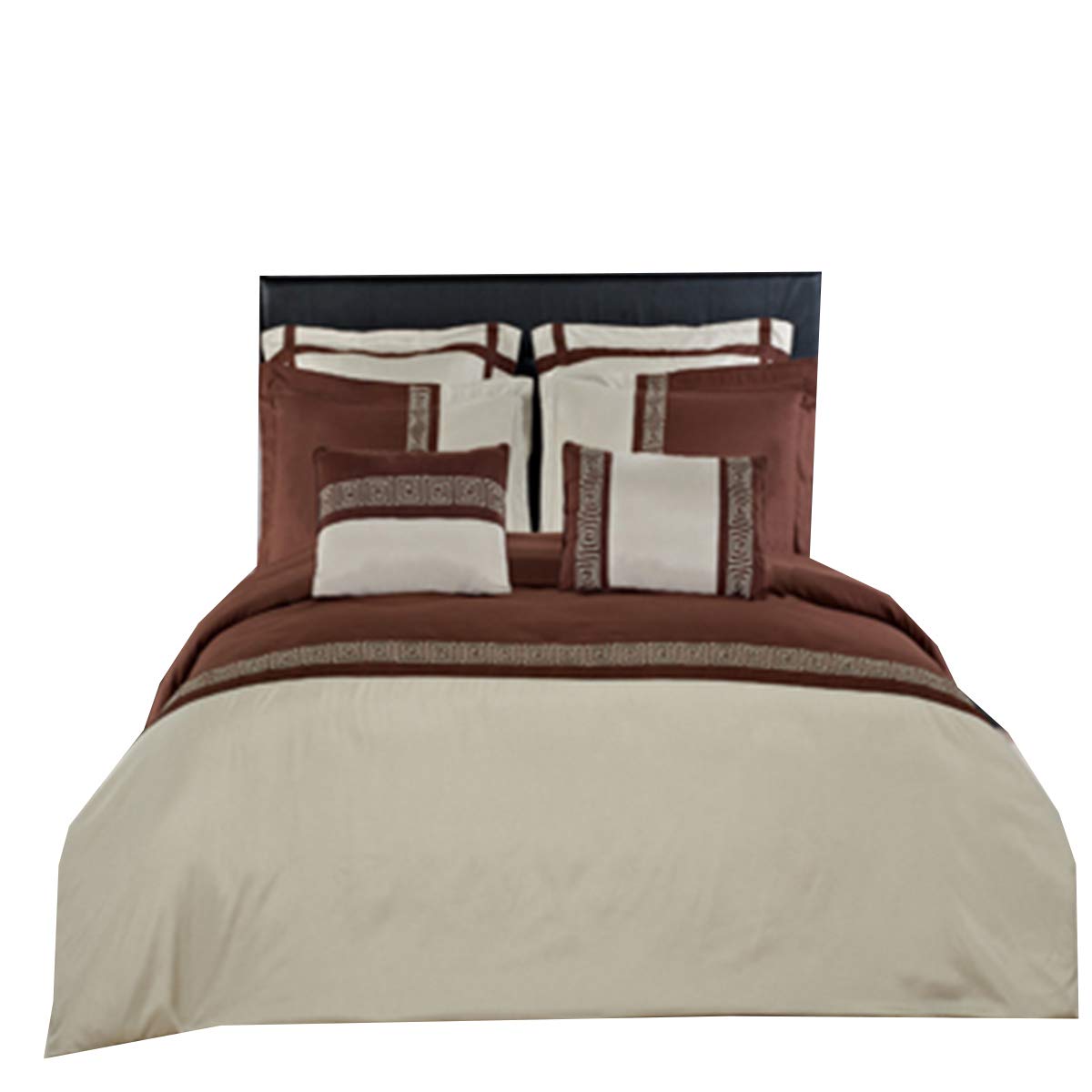 12-Piece Embroidered Microfiber King Size Bed in a Bag Set - Sage & Chocolate Astrid Duvet Cover, 100% Cotton 300TC Sheets, White Down Alternative Comforter - Luxury Bedding for Master Bedroom, Guest Room & Hotel Style Decor