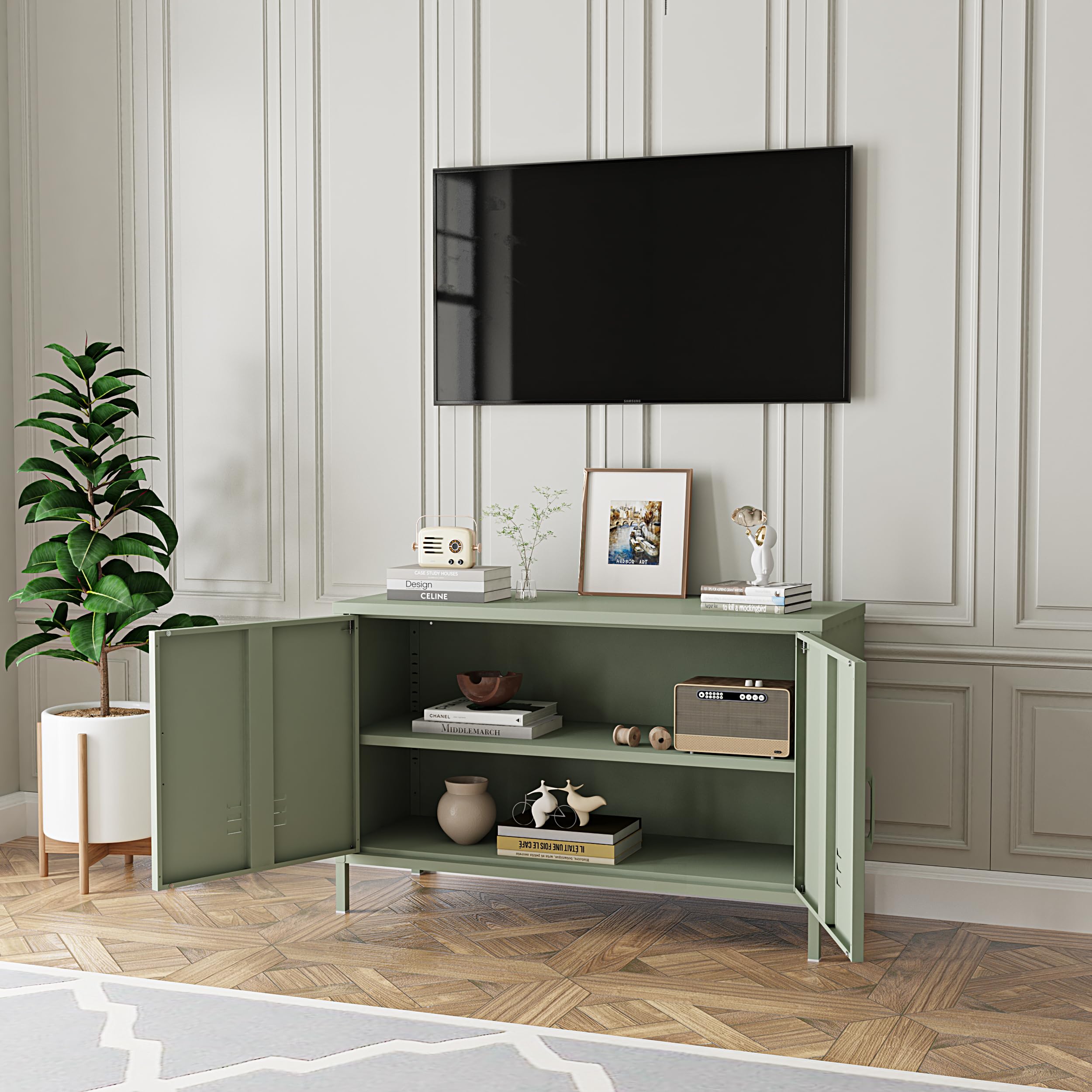 2 Door Metal Accent Cabinet - Mint Green Storage Cabinet with Adjustable Shelf, 2-Tier Office Organizer | Multipurpose Locker for Home, Office & Music Studio | Space-Saving Storage Solution for Small Spaces & Clutter Control