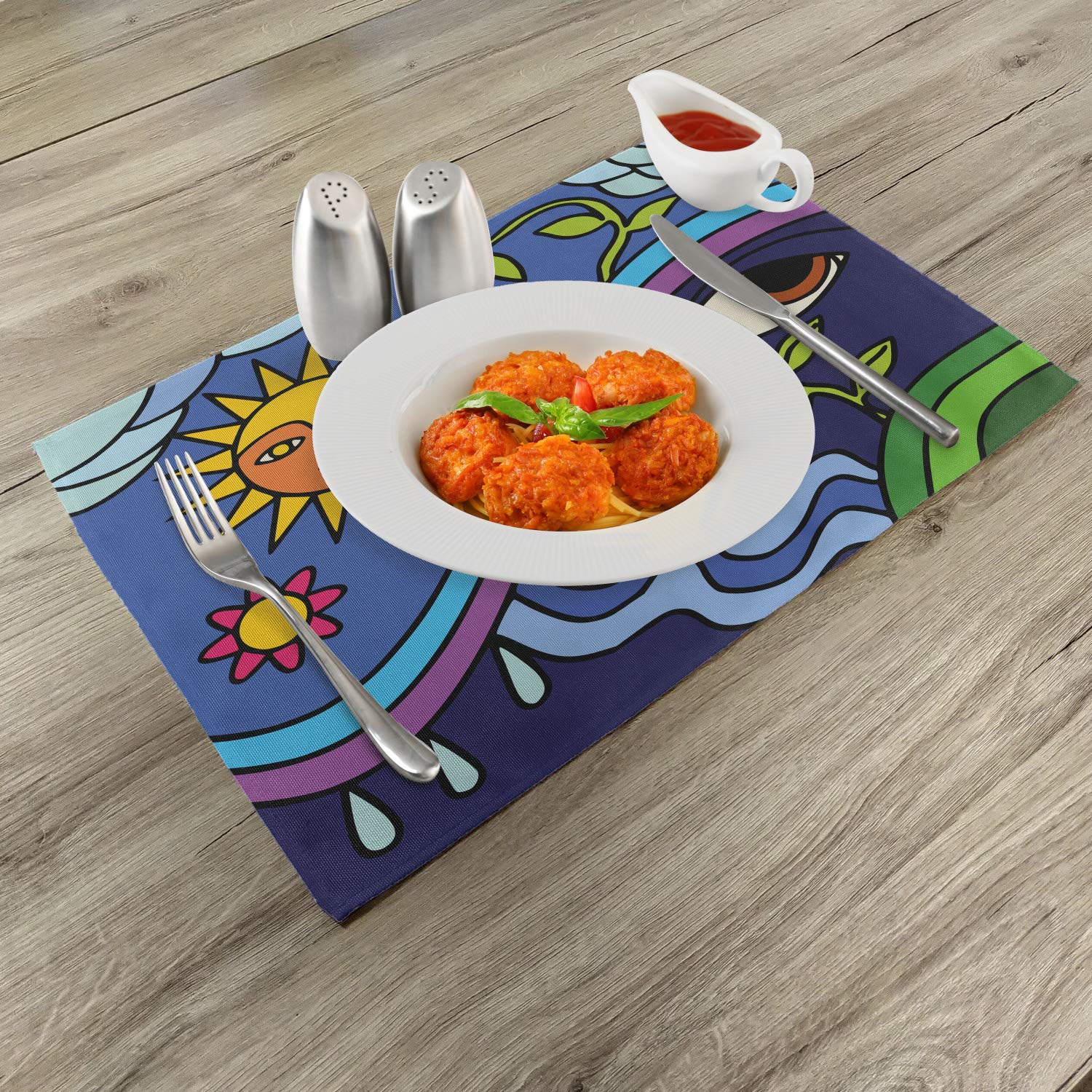 Ambesonne Abstract Place Mats Set of 4 - Nature Inspired Sun, Sky & Floral Design - Eco-Friendly Washable Fabric Placemats for Dining Table & Kitchen Decor - Perfect for Dinner Parties, Holiday Meals & Everyday Use