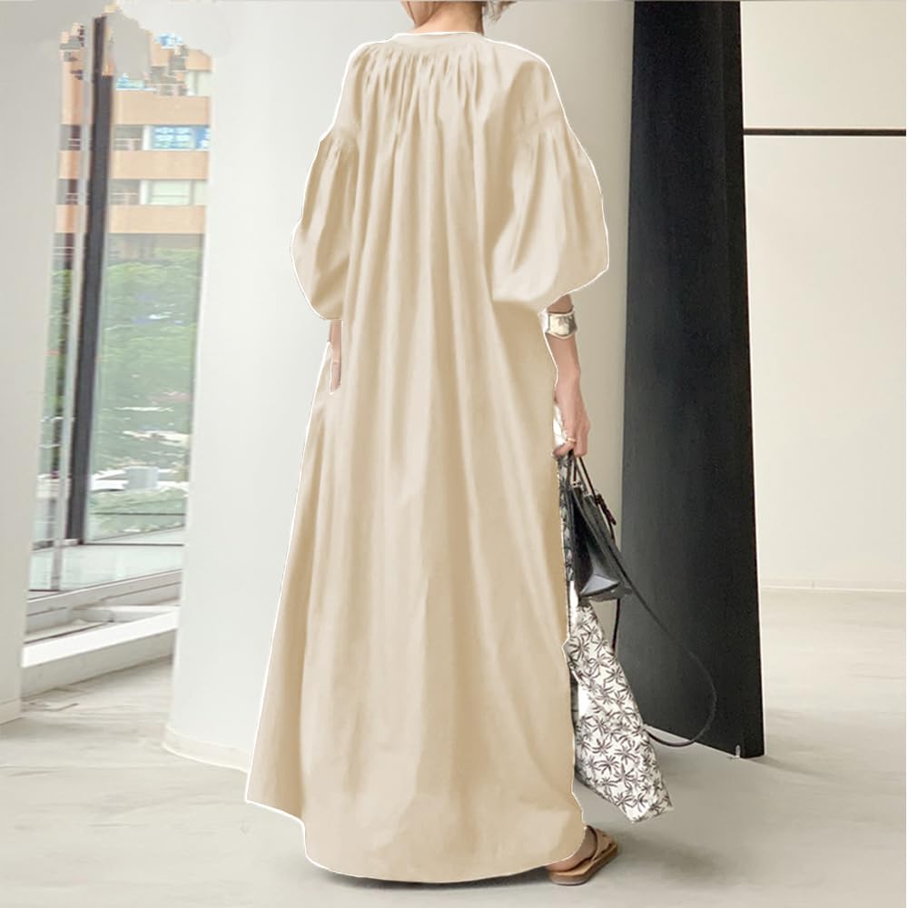 Women's Oversized Lantern Sleeve Maxi Dress - Long Sleeve V-Neck Cotton Shirt Dress with Pockets (Plus Size) | Casual Everyday Wear, Beach Cover-Up, Boho Outfit