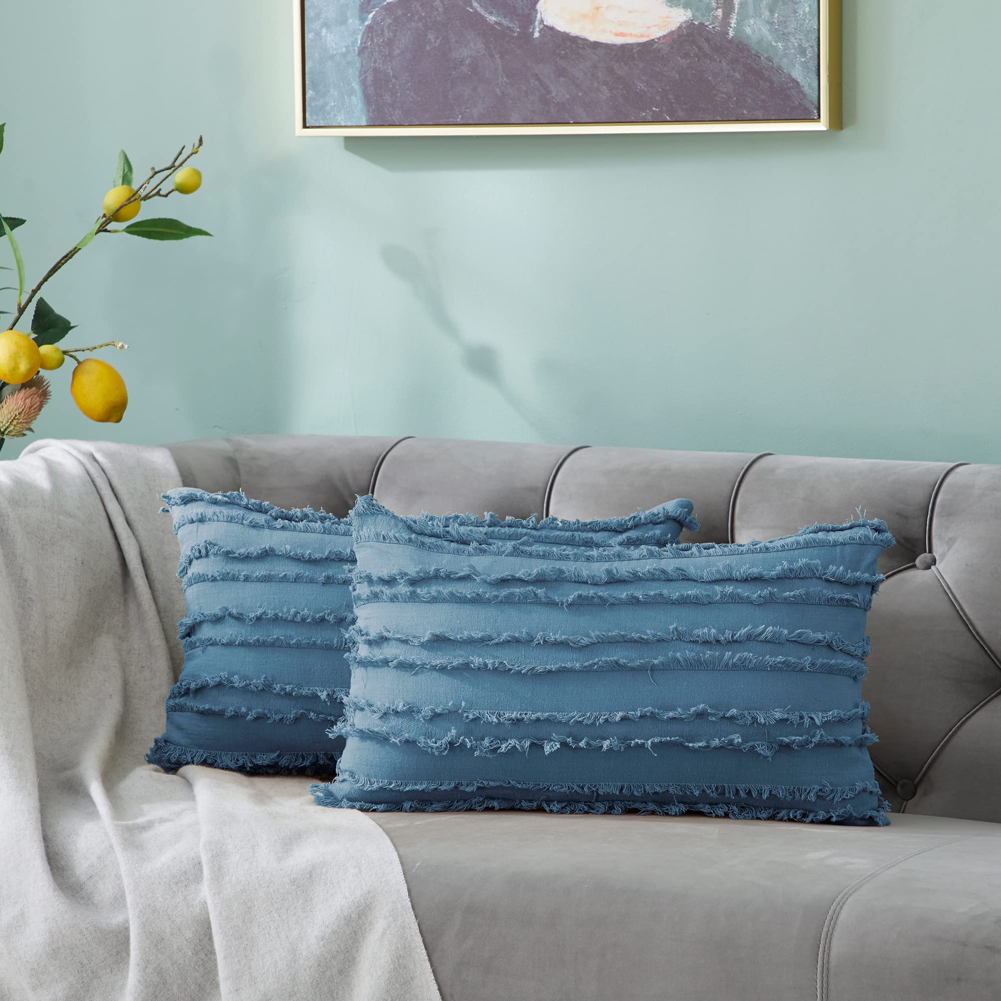 Premium Blue Cotton Linen Throw Pillow Covers Set of 2 (12x20 Inches) - Soft Decorative Cushion Covers for Sofa, Couch & Bed - Perfect for Living Room, Bedroom & Home Decor