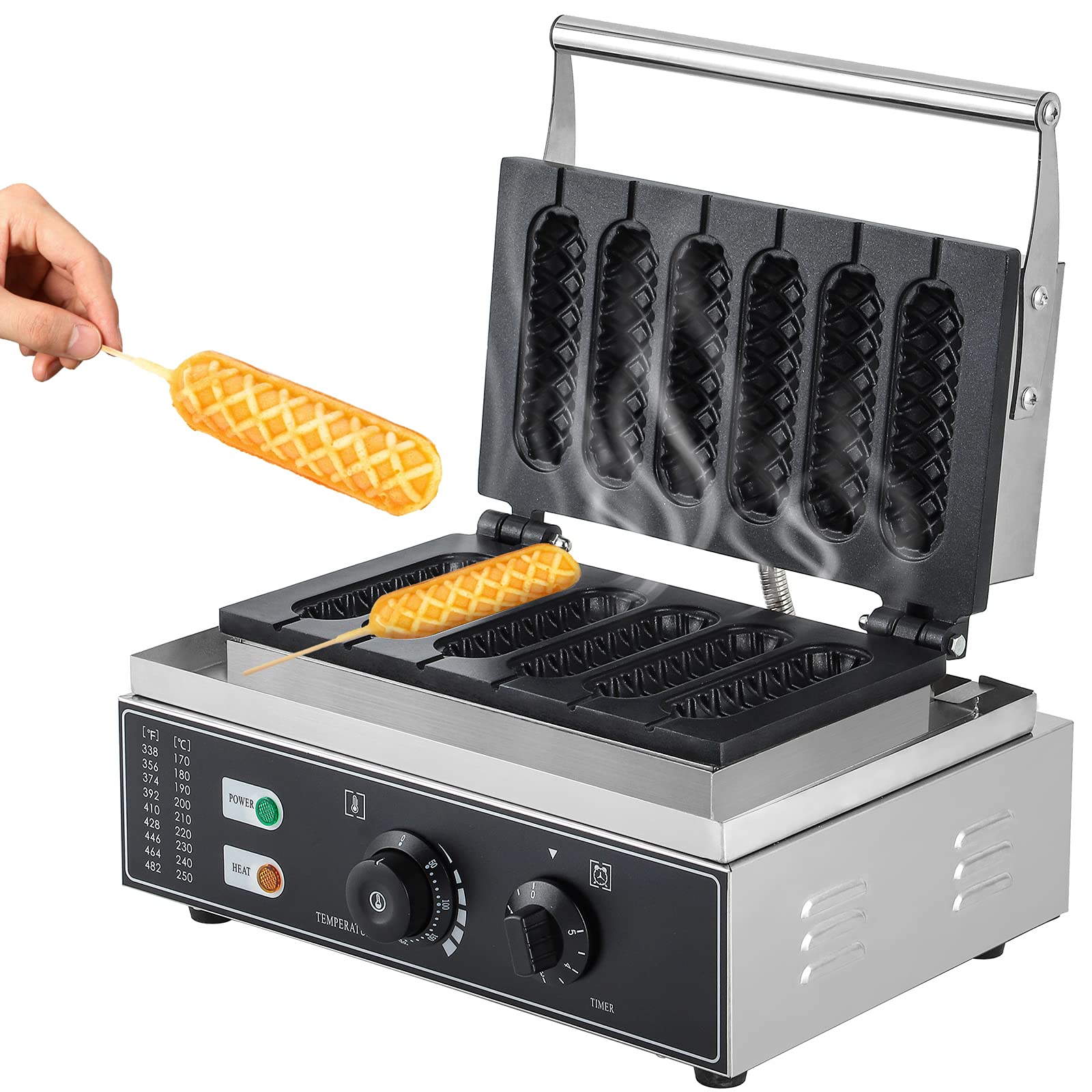 Commercial Electric Corn Dog Maker with Non-Stick Waffle Iron - 6 Hot Dog & Muffin Sticks, 1550W, 50-300°C Temp Control, 5-Min Timer, 110V Stainless Steel - Perfect for Home, Parties, Food Trucks & Cafes