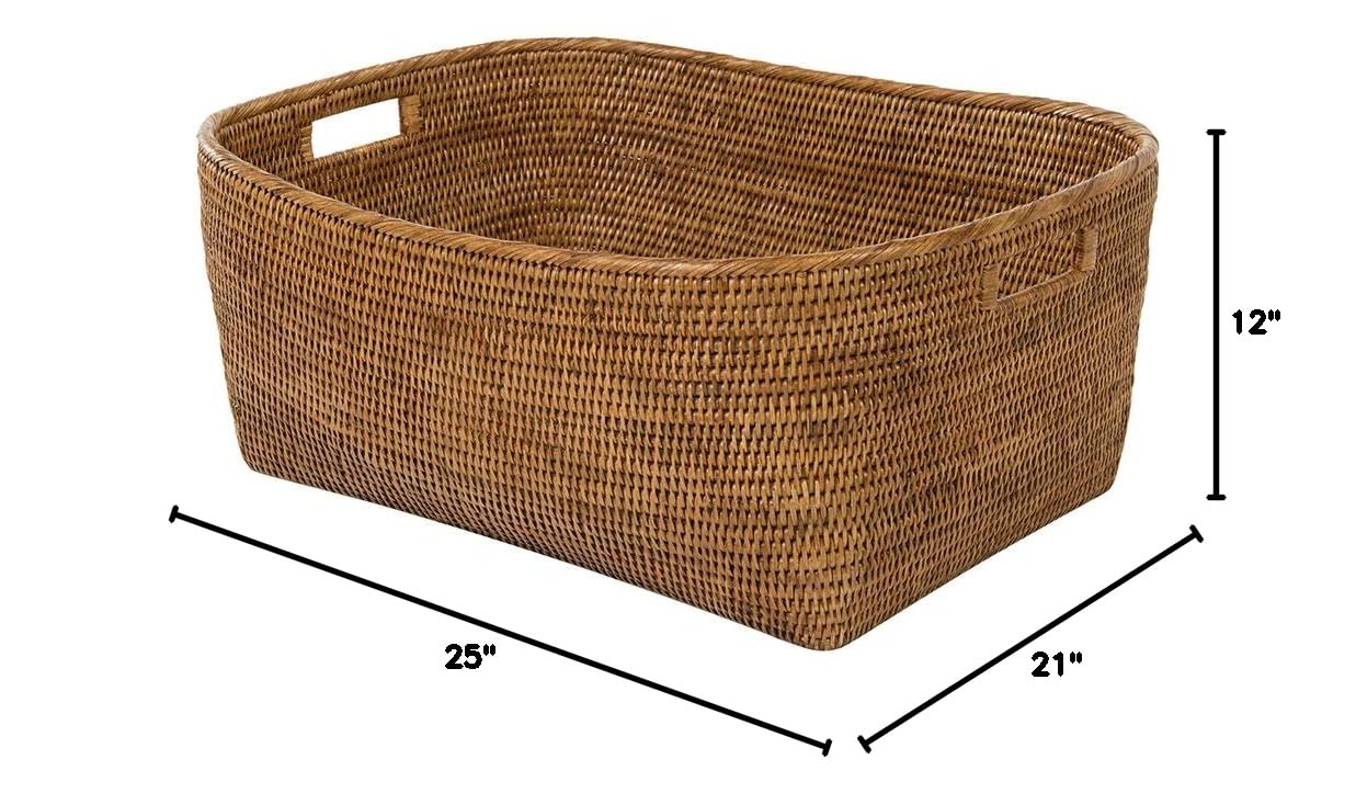 KOUBOO Large Woven Rattan Storage Basket with Handles - Honey Brown Toy Organizer, Closet & Bathroom Storage Basket for Shelves - Decorative Home Organization for Bedroom, Nursery, and Living Room