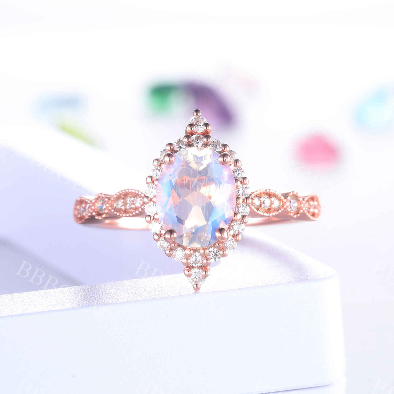 Vintage Rose Gold Moonstone Engagement Ring with Floral Halo Diamond - Elegant Bridal Promise Ring for Wedding, Proposal & Anniversary Gifts