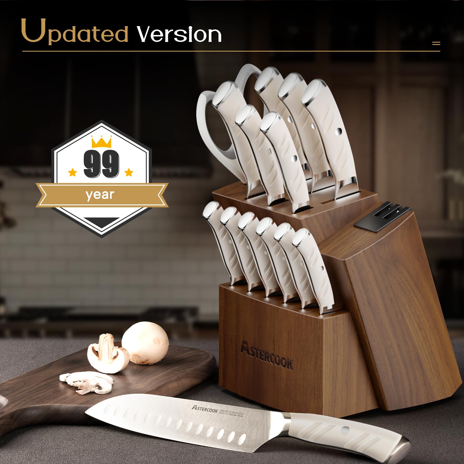 Astercook 15-Piece German Stainless Steel Knife Set with Wooden Block & Sharpener - Full Tang Kitchen Knives, Dishwasher Safe, Anti-Slip Ergonomic Handles (Elegant White) - Perfect for Home Chefs, Cooking Enthusiasts & Professional Kitchens