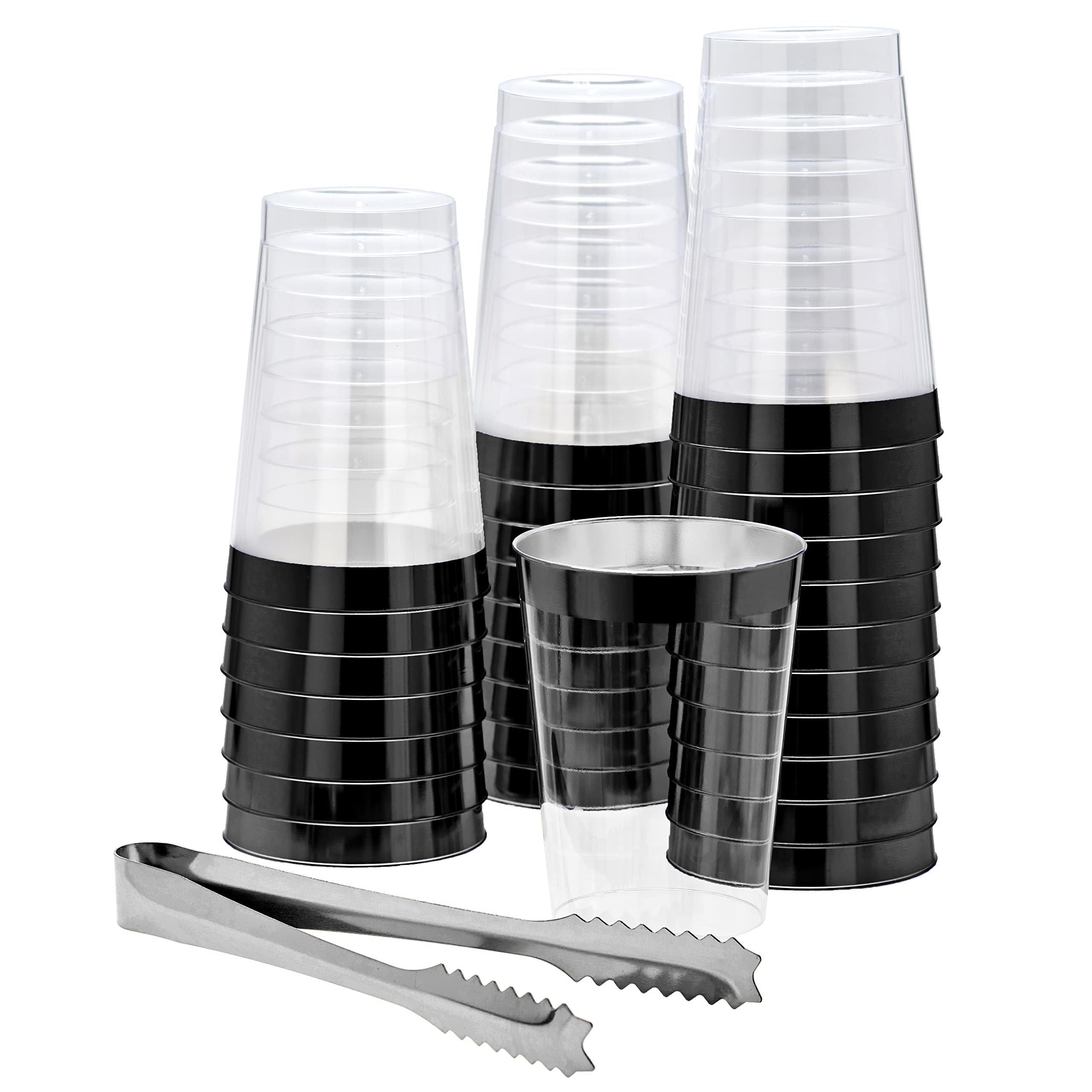 48-Pack Black Plastic Cups with Silver Ice Tongs - 12oz Disposable Cocktail & Wine Glasses for Parties, Weddings, BBQs - Elegant Black Party Decor Supplies    (Note: This optimized title includes:   1. Clear product specifications (48-pack, 12oz)   2. Main materials/colors (black plastic, silver)   3. Multiple use cases (cocktails, wine)   4. Event applications (parties, weddings, BBQs)   5. SEO-friendly keywords   6. Removed redundant 