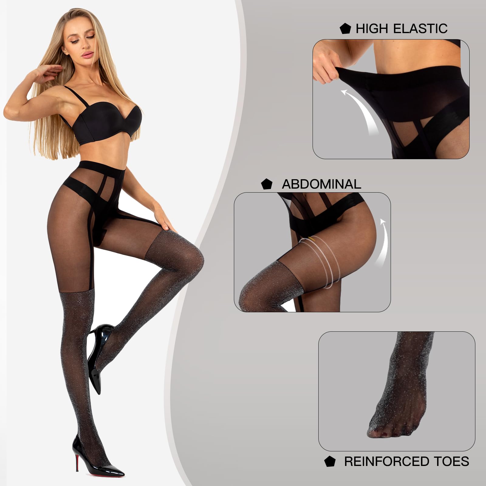 MANZI Women's Faux Suspender Pantyhose - Black Thigh High Stockings with Sparkly Over-the-Knee Design | Gothic Fashion, Night Out, Cosplay & Party Wear