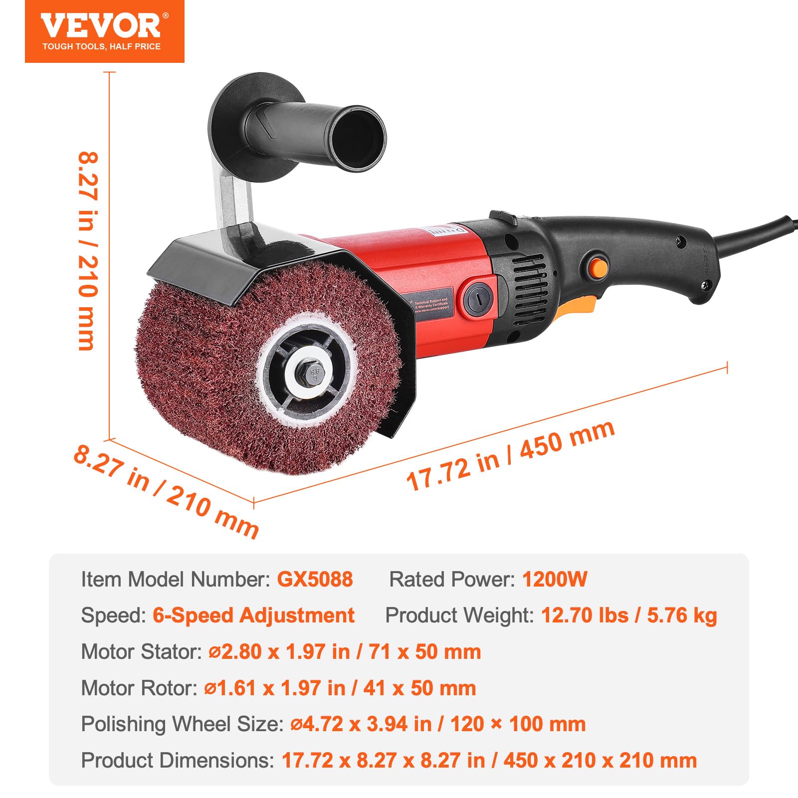 VEVOR 1200W Variable Speed Handheld Electric Metal Burnishing Polishing Machine with 4 Fiber Wheels - Professional Surface Conditioning Tool for Stainless Steel & Non-Ferrous Metals - Perfect for Metal Restoration, Automotive Detailing & DIY Projects