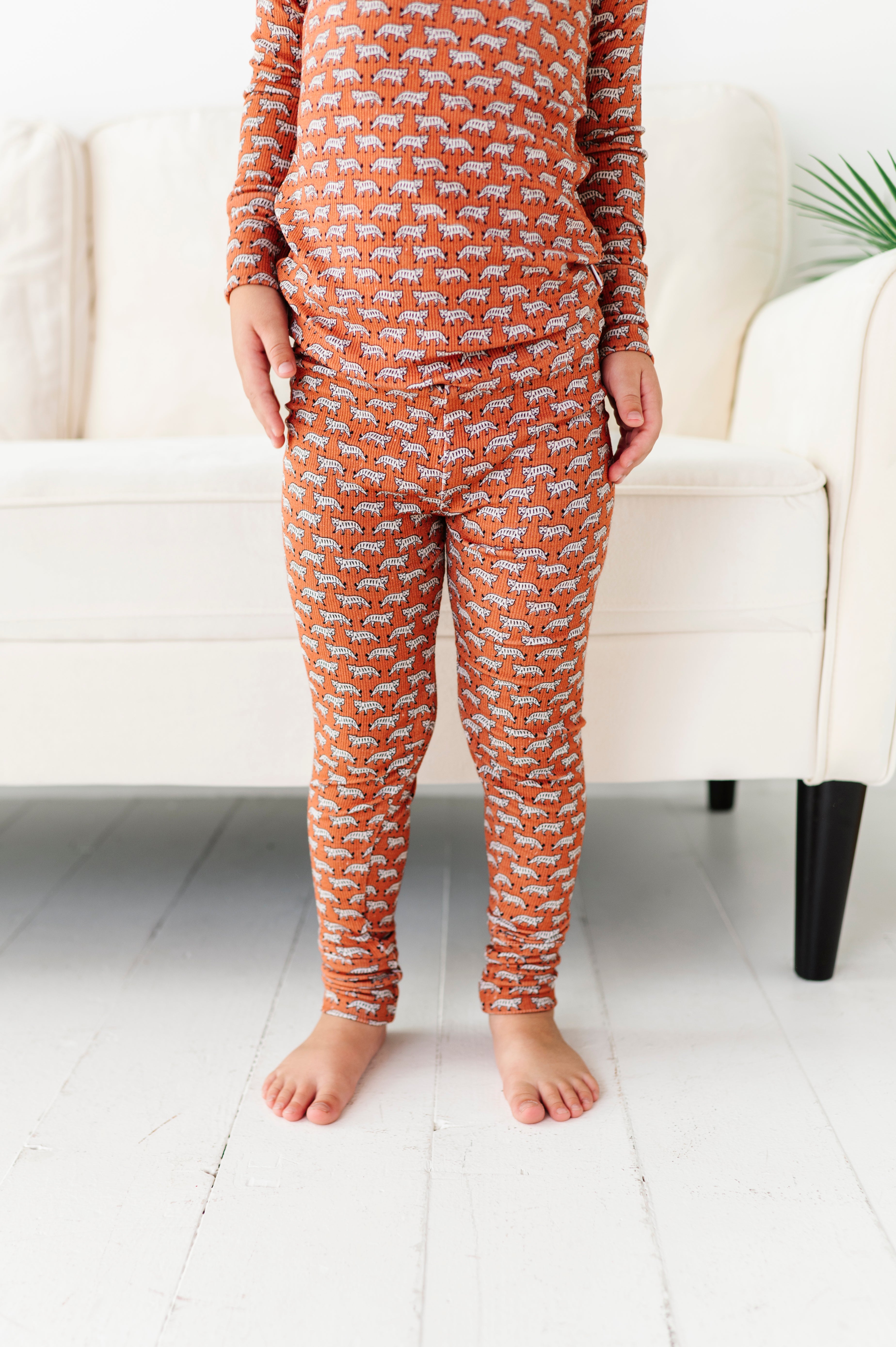 Terracotta Tigers Ribbed Two-Piece Pajama Set for Women - Soft Cotton Sleepwear for Cozy Nights & Relaxing at Home