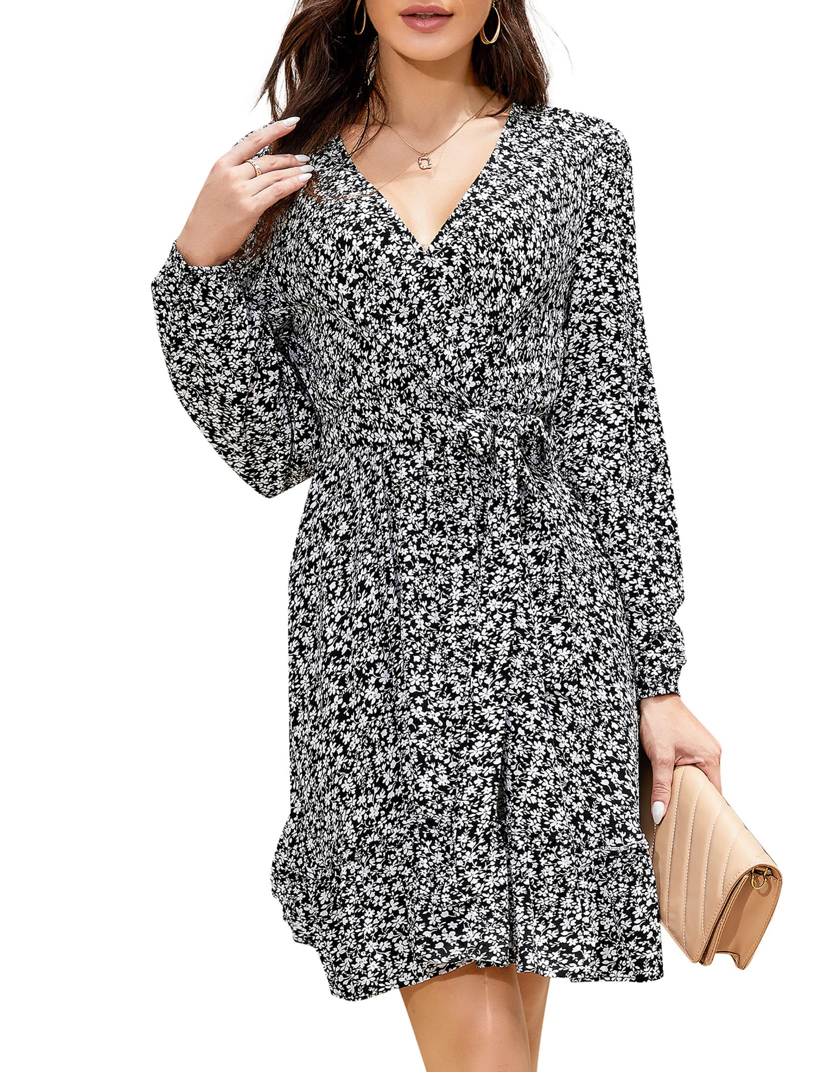 Women's Summer Wrap Dress - V Neck, Bell Sleeve, High Waist Tie, Flowy A-Line with Polka Dot Floral Print | Perfect for Wedding Guest, Beach Vacation & Casual Outings