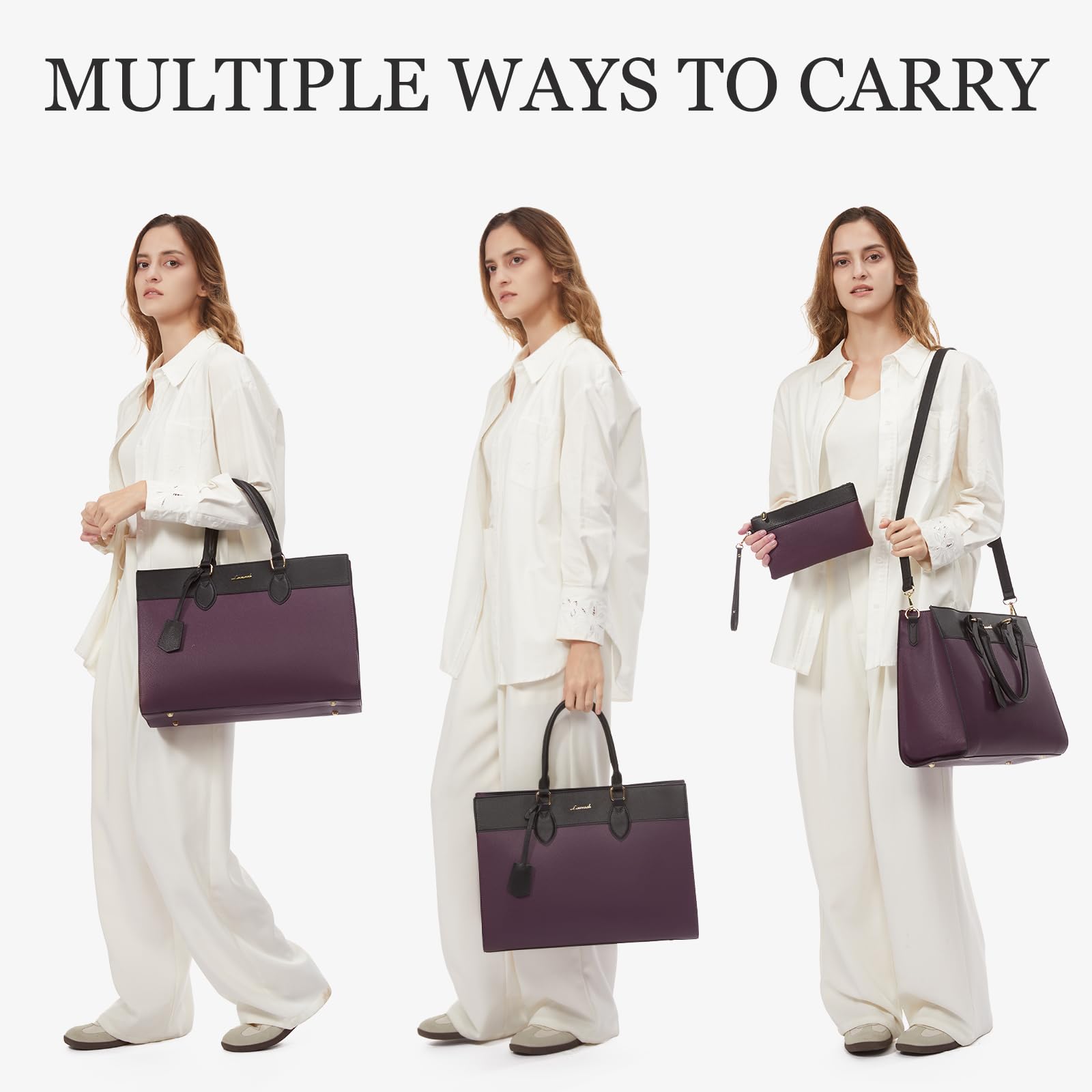 LOVEVOOK 15.6 Inch Waterproof Leather Laptop Bag for Women - Stylish Work Tote Purse & Professional Office Briefcase (Purple-Black) - Perfect for Business Travel, Commuting & Daily Work Essentials
