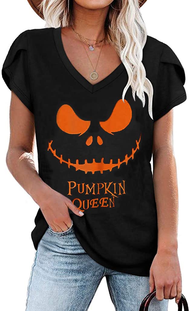 Halloween Women's Tulip Short Sleeve Ghost Pumpkin T-Shirt - Cute & Spooky Costume Top for Halloween Parties, Trick or Treating & Cosplay