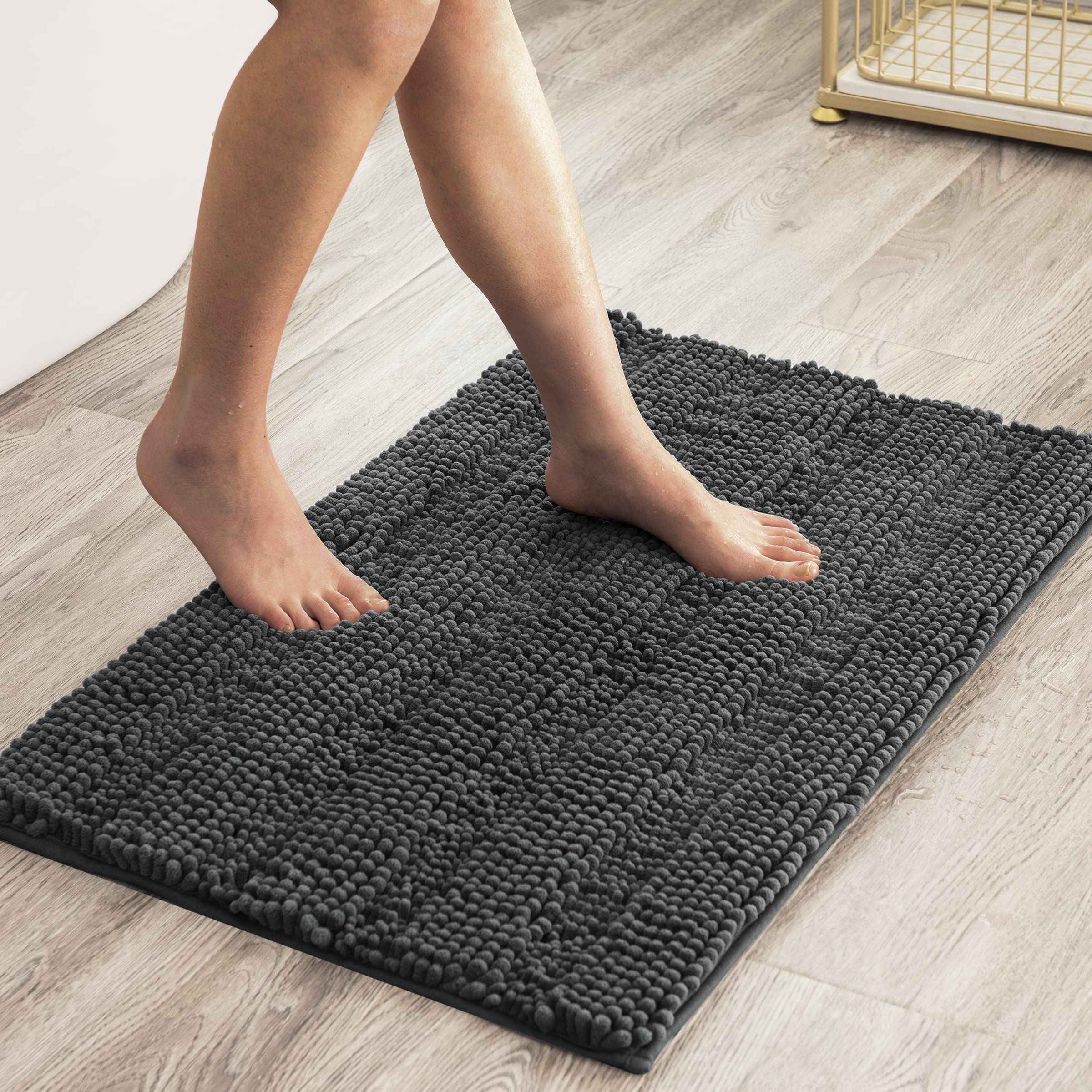 SUBRTEX Soft Striped Plush Bathroom Rug - Absorbent Quick-Drying Bath Mat for Shower & Bathroom Floor - Machine Washable Non-Slip Bath Mat (Gray, 18