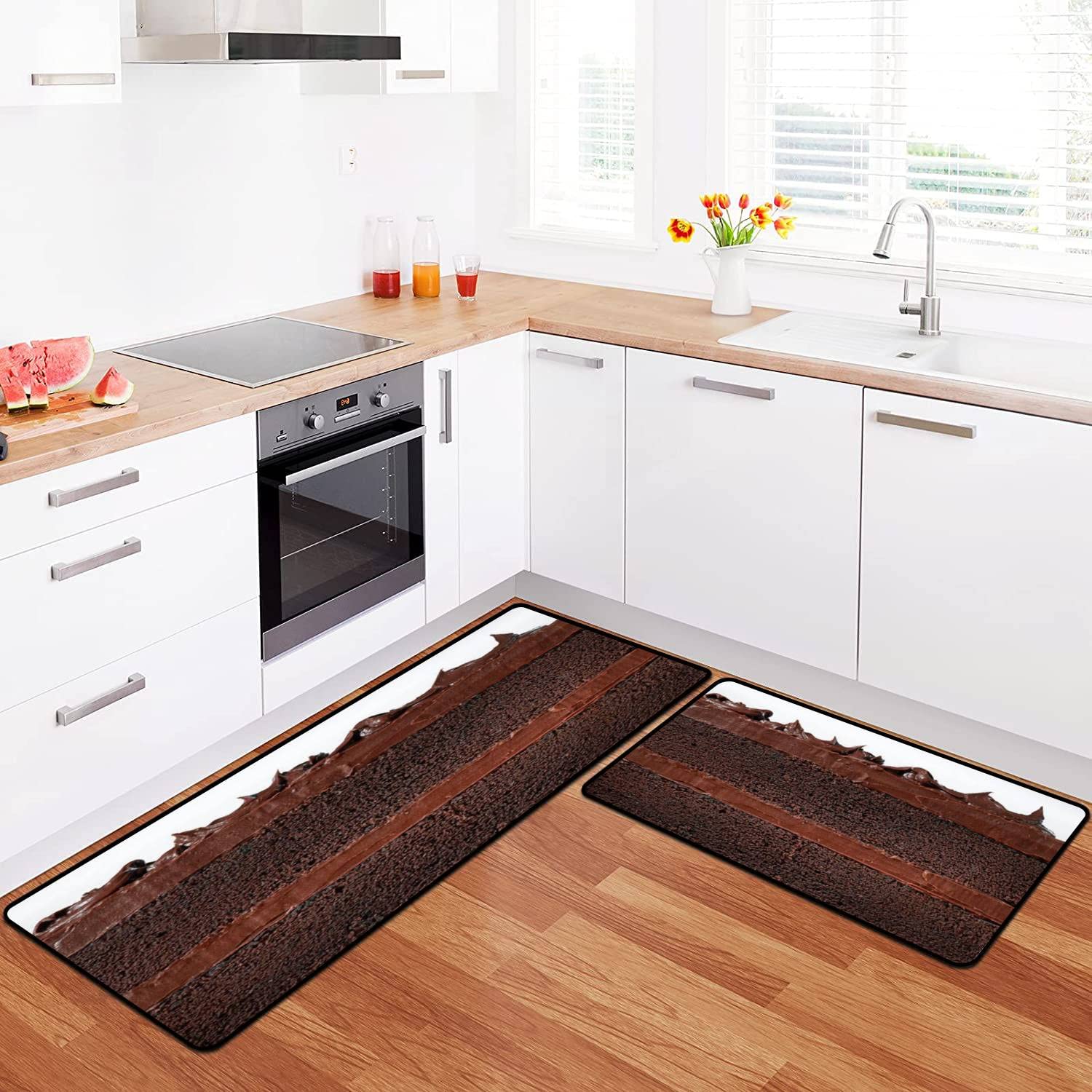 Non-Slip Washable Kitchen Rugs Set - Chocolate Cake Design Floor Mat, Comfort Standing Runner for Kitchen Decor, Bath Rug & Doormat - Perfect for Home, Office, and Entryway