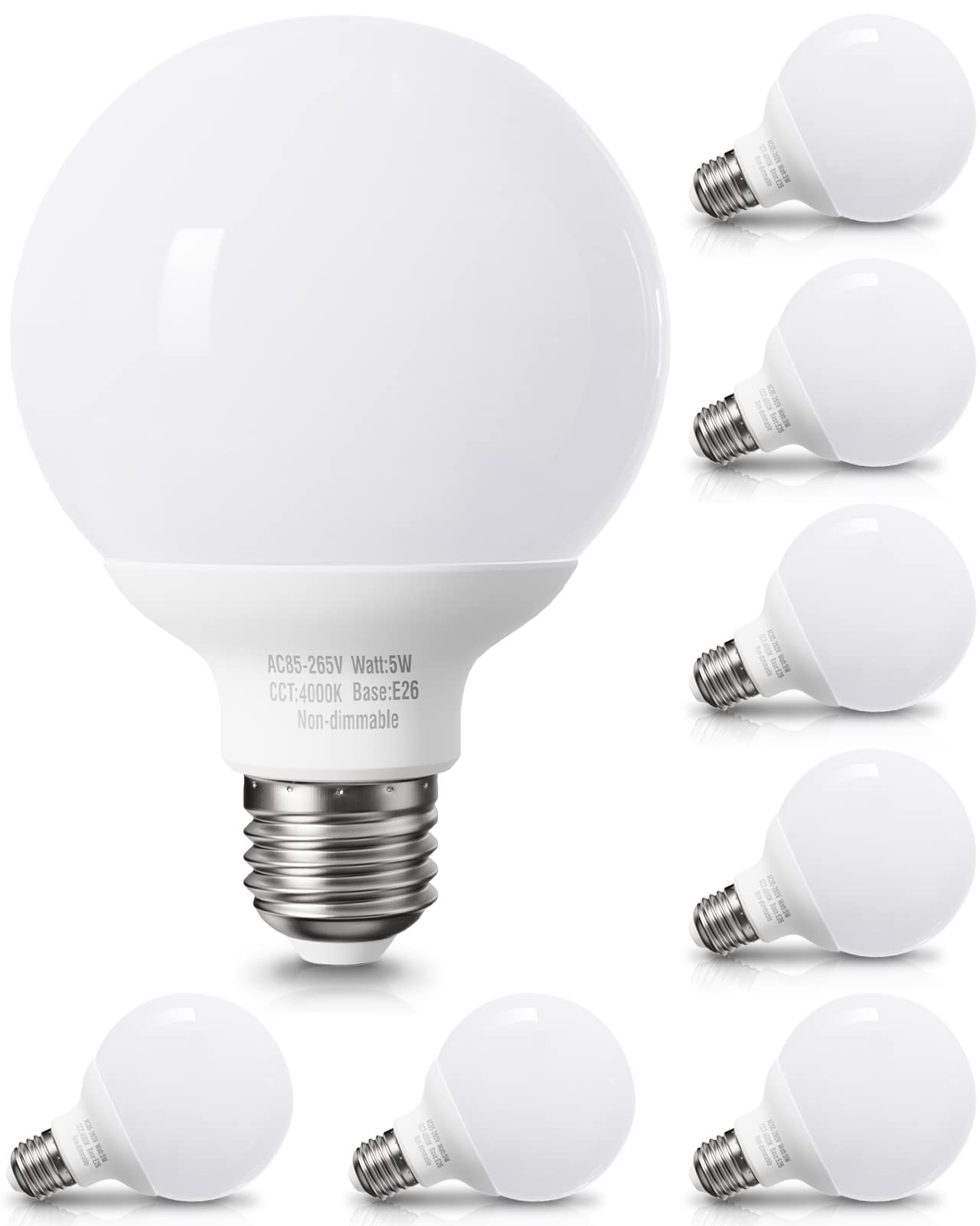 8 Pack LED Globe Light Bulbs - 60W Equivalent, 4000K Natural Daylight, E26 Medium Base, Non-Dimmable - Perfect for Bathroom Vanity, Mirror Lighting & Home Decor