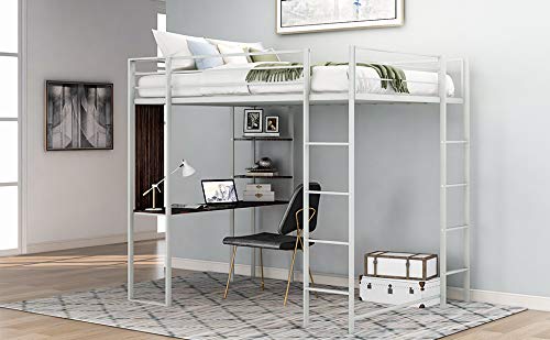 Twin Size Metal Loft Bed with Ladder & Built-in Desk - Sturdy Guardrail, Space Saving Design for Small Rooms - No Box Spring Required (Silver) | Perfect for Kids, Teens & College Dorm Rooms