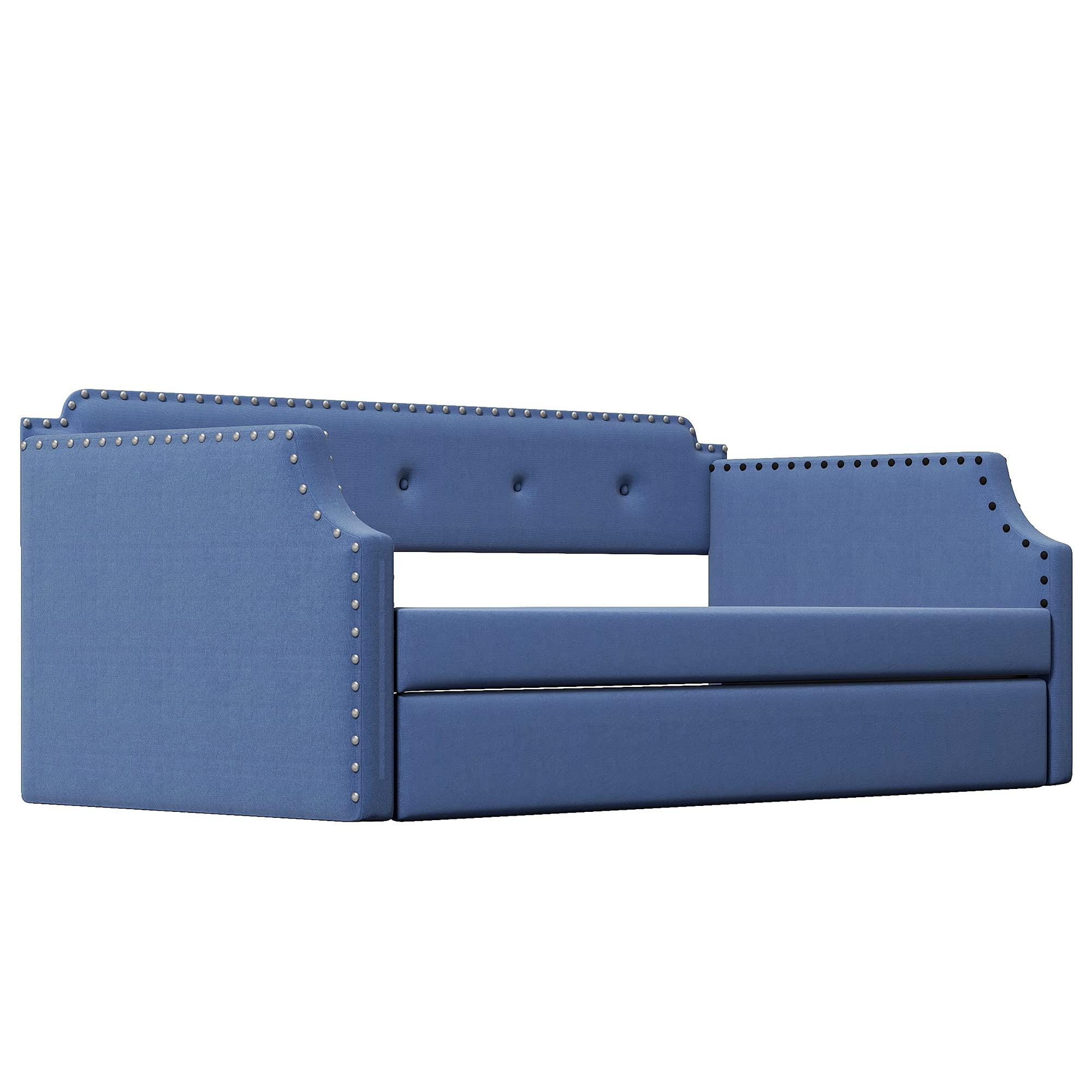 Twin Size Upholstered Linen Daybed with Trundle - Convertible Sofa Bed with Notched Arms, Arched Back & Nailhead Trim - No Spring Box Needed - Blue - Perfect for Guest Rooms, Small Apartments & Home Offices