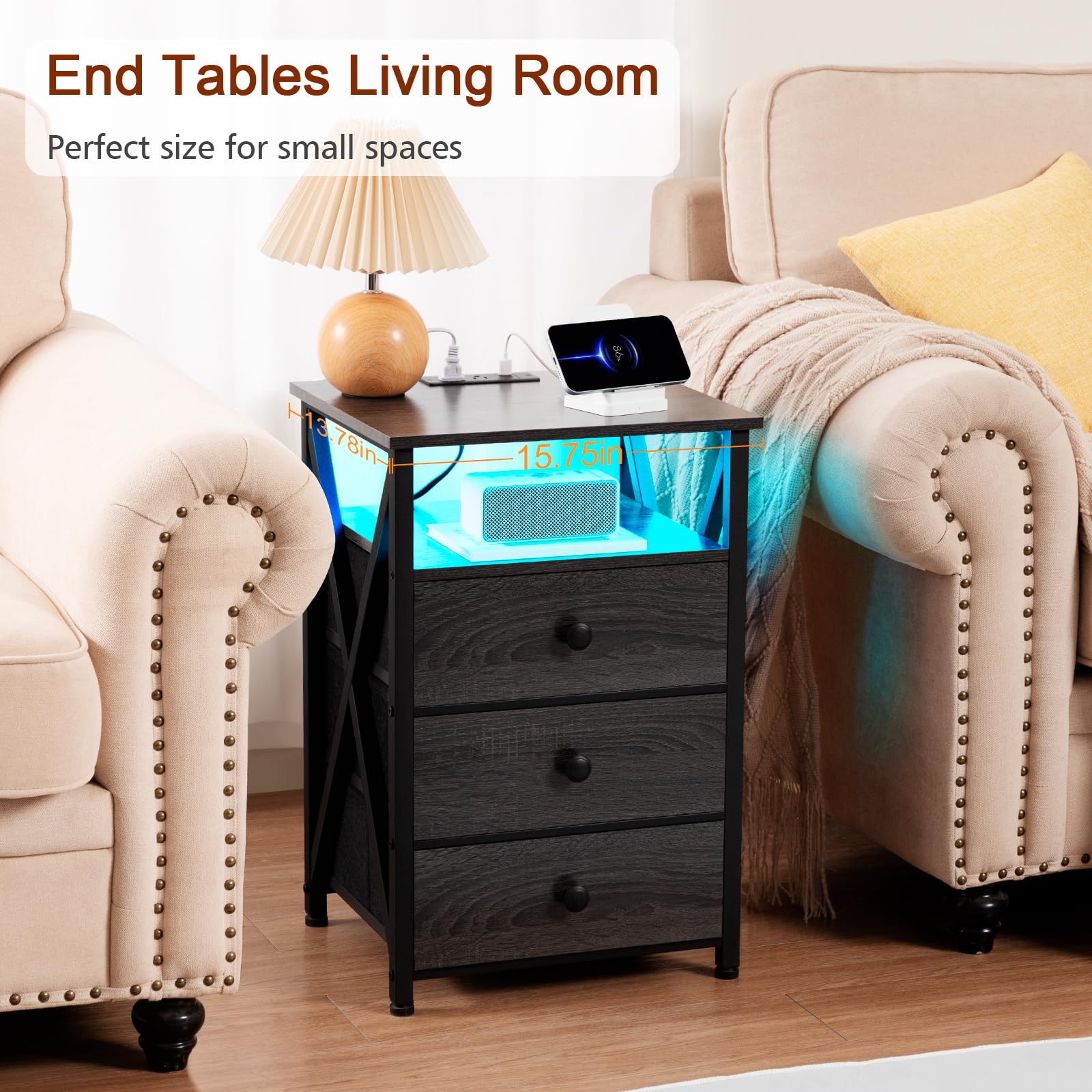 AMHANCIBLE LED Nightstand Set of 2 with USB Charging Station & Power Outlet - Modern Bedside Tables with Fabric Drawers for Bedroom & Living Room - Dark Grey End Tables (HET053LDG) - Perfect for Small Spaces & Apartment Decor