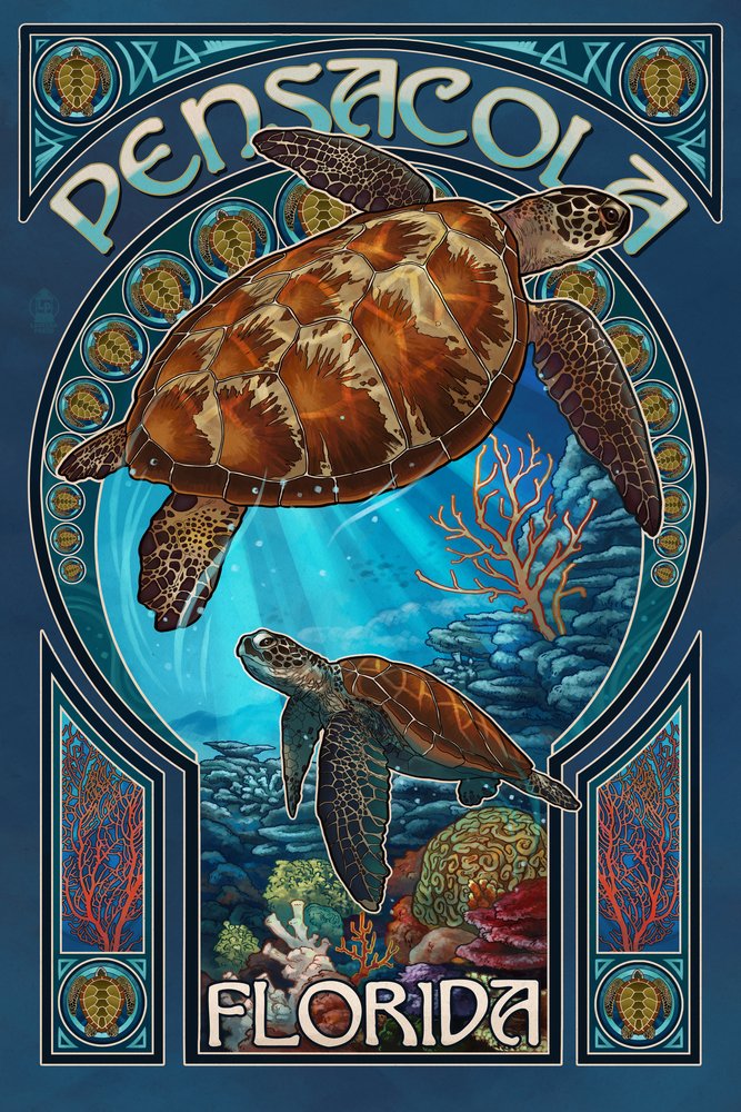 Pensacola Florida Sea Turtle Art Nouveau - 24x36 Gallery Quality Metal Wall Art, Aluminum Home Decor for Beach House, Living Room & Office