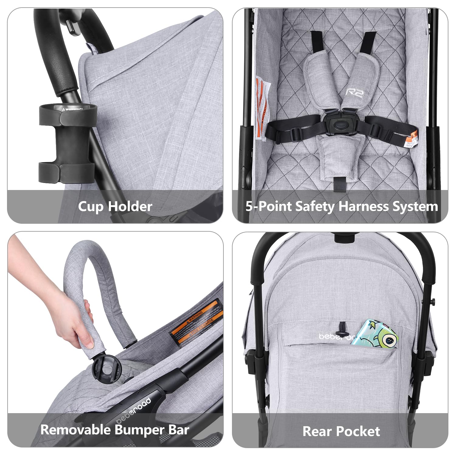 Beberoad Love R2 Compact Lightweight Foldable Travel Stroller for Baby & Toddler - Adjustable Backrest, Cup Holder, Waterproof Canopy - Perfect for Airplane Travel, Shopping & Outdoor Walks (Gray)