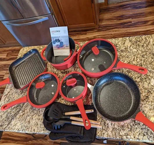Premium Red Nonstick Cookware Set & Full Tang Knife Set Bundle - 12-Piece Kitchen Essentials for Professional Cooking, Baking & Meal Prep