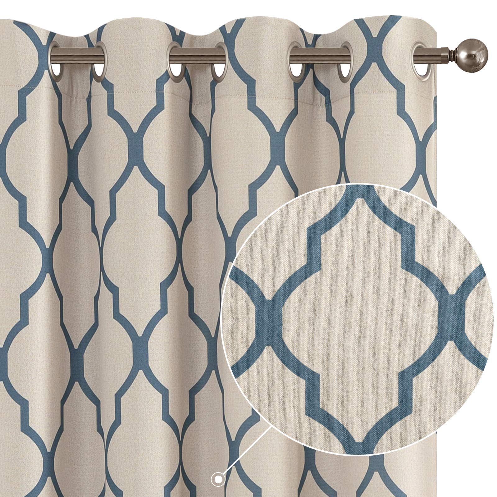 Jinchan Moroccan Tile Print Linen Textured Curtain Panels - 63 Inch Blue Grommet Window Treatments for Bedroom & Living Room | Light Filtering, Blackout Drapes for Home Decor